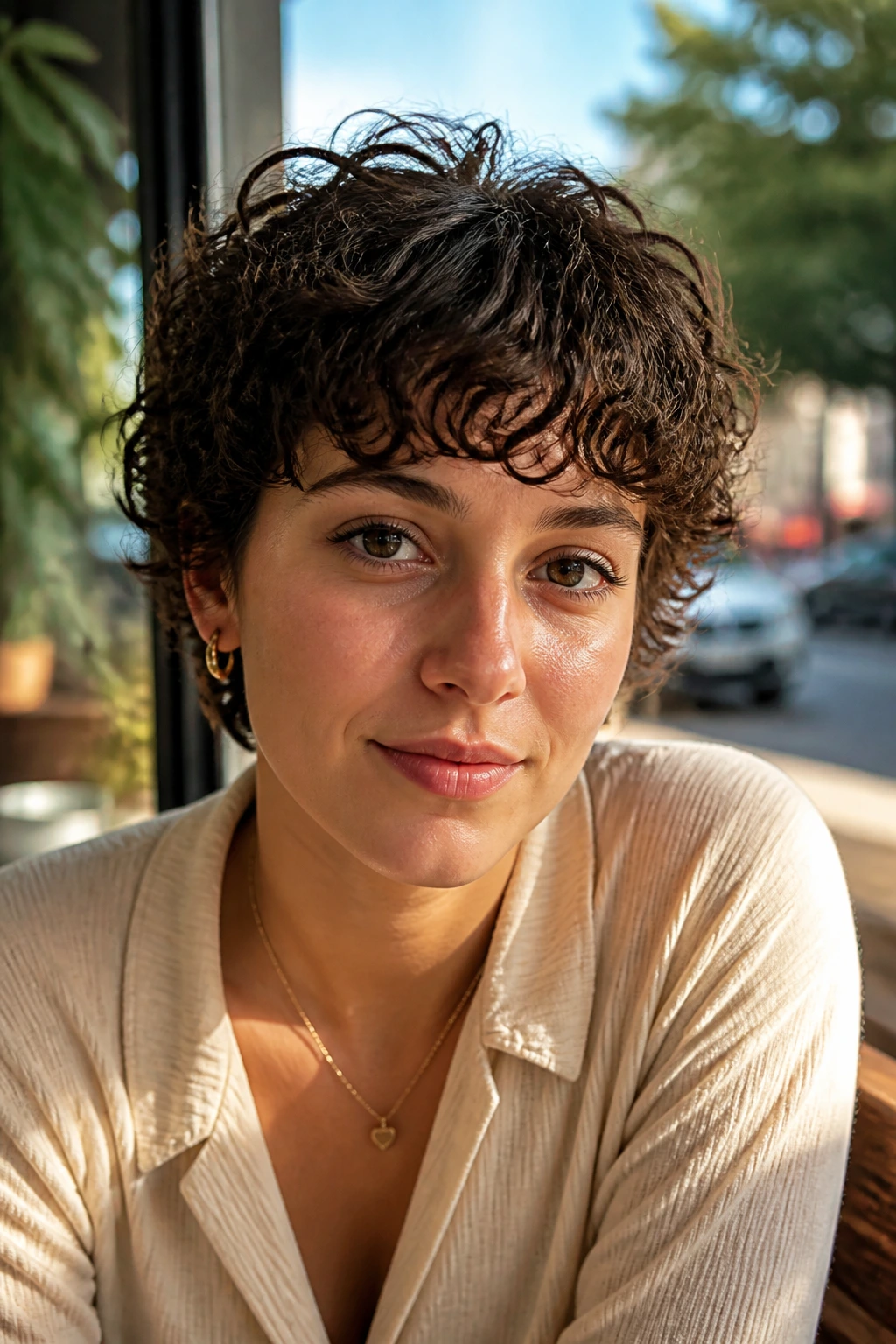 Close-up of curly crop with curved bangs on a real woman