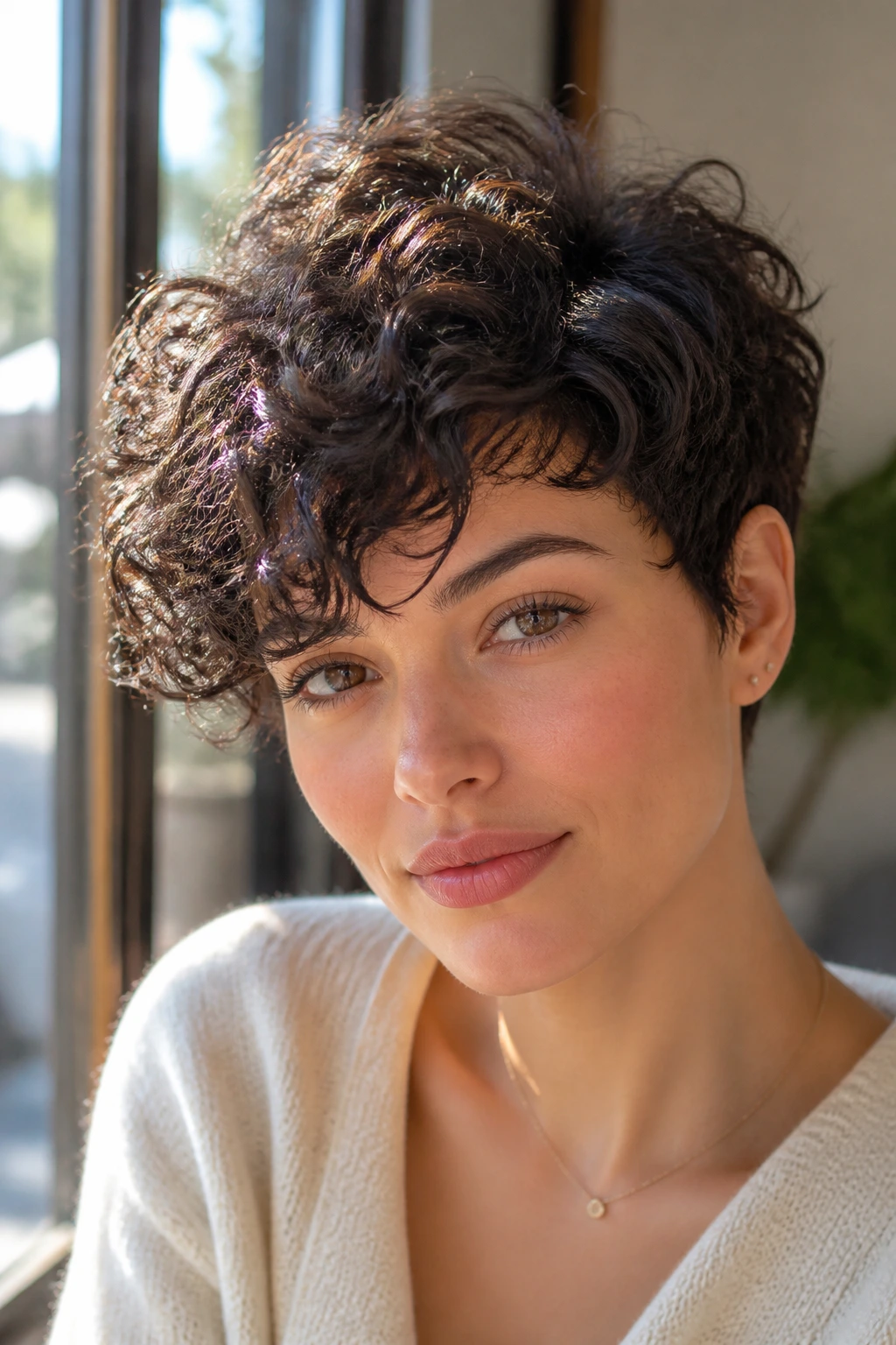 Real person with curly crop and long side-swept fringe in natural light