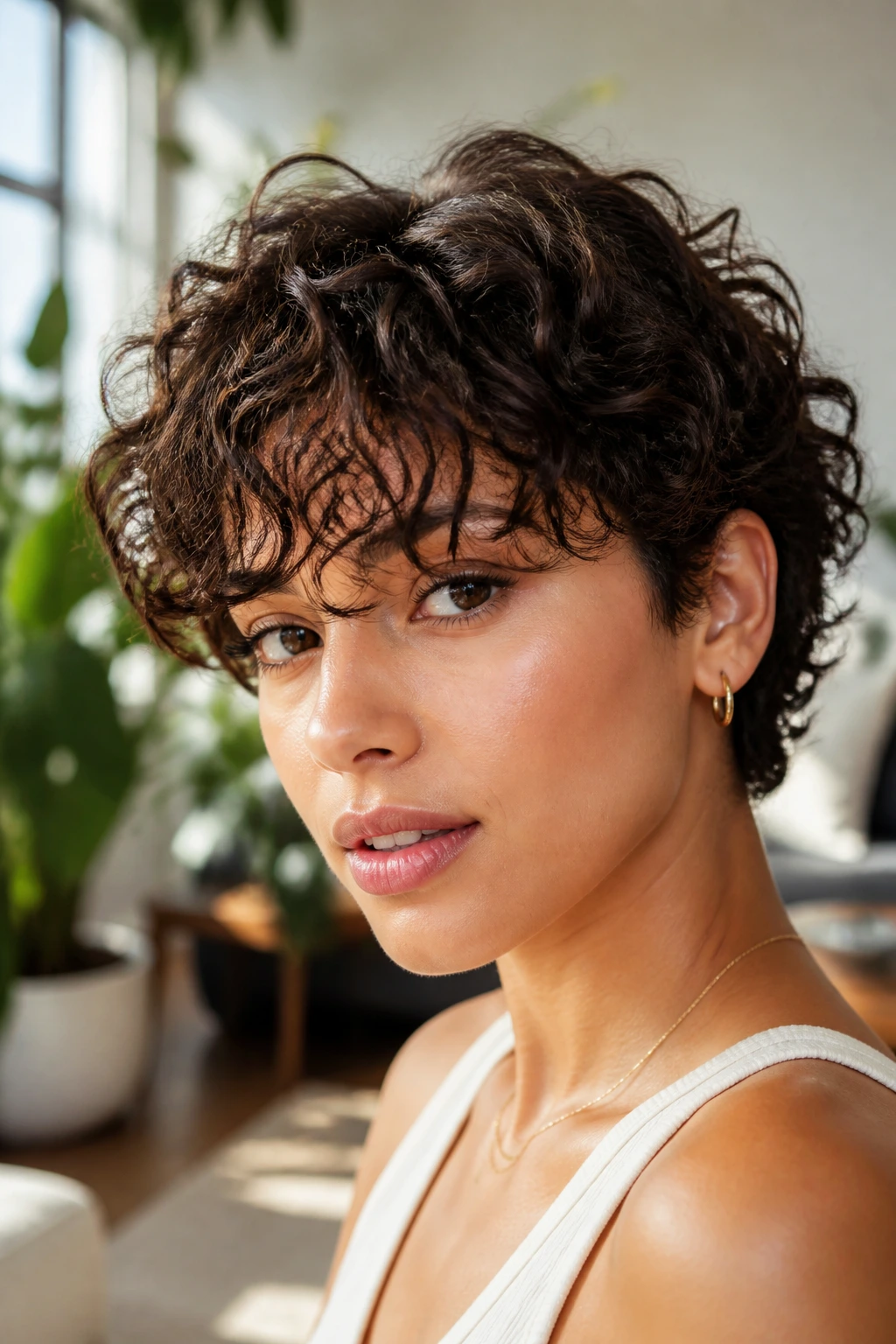 Portrait of a woman with a curly crop and airy fringe.