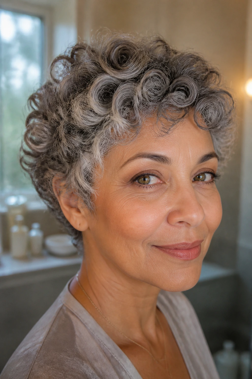 Close-up of a real woman's face with a curly crop and frosted halo highlights