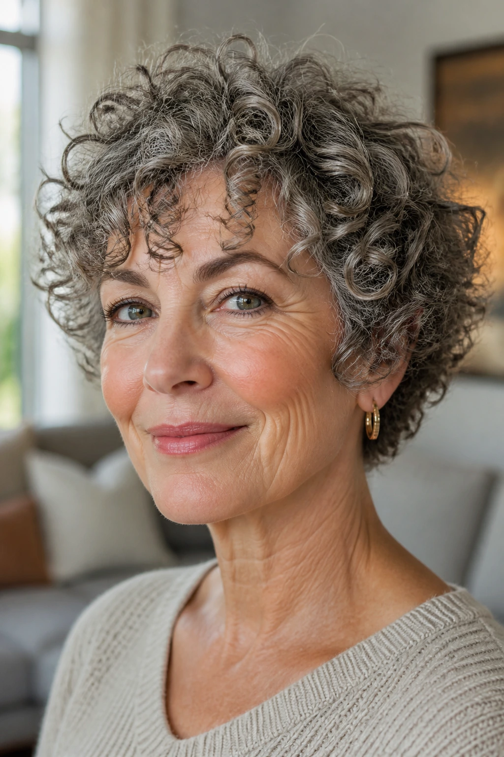 Close-up portrait of a real woman with a curly crop hairstyle
