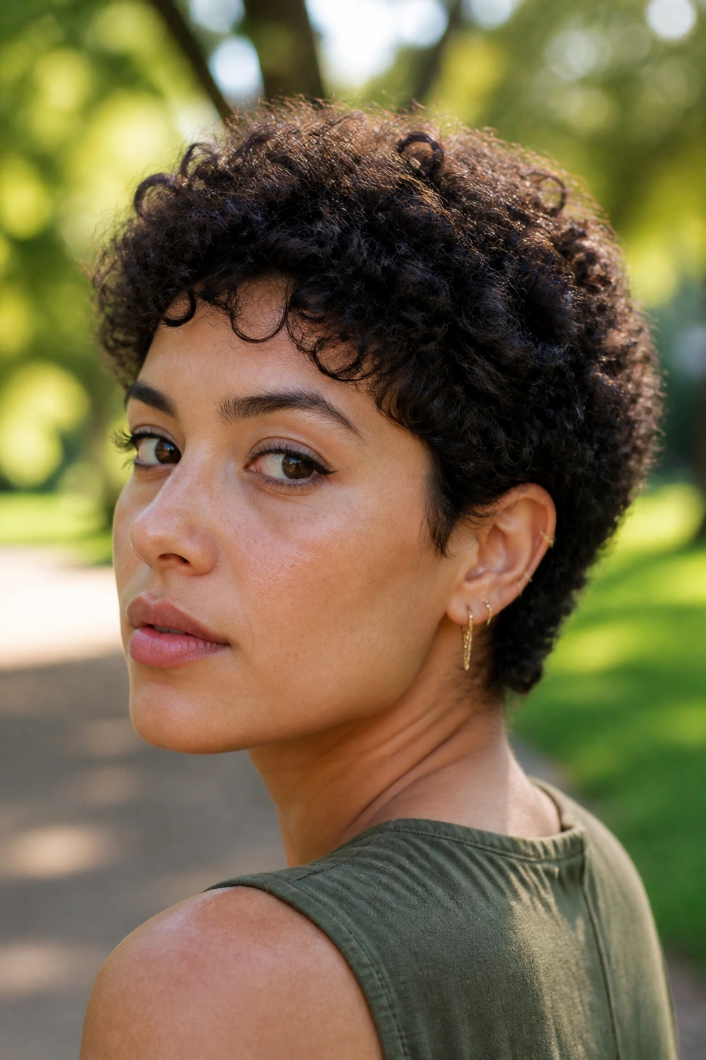 Close-up of a real person with a short curly crop in an outdoor park setting.