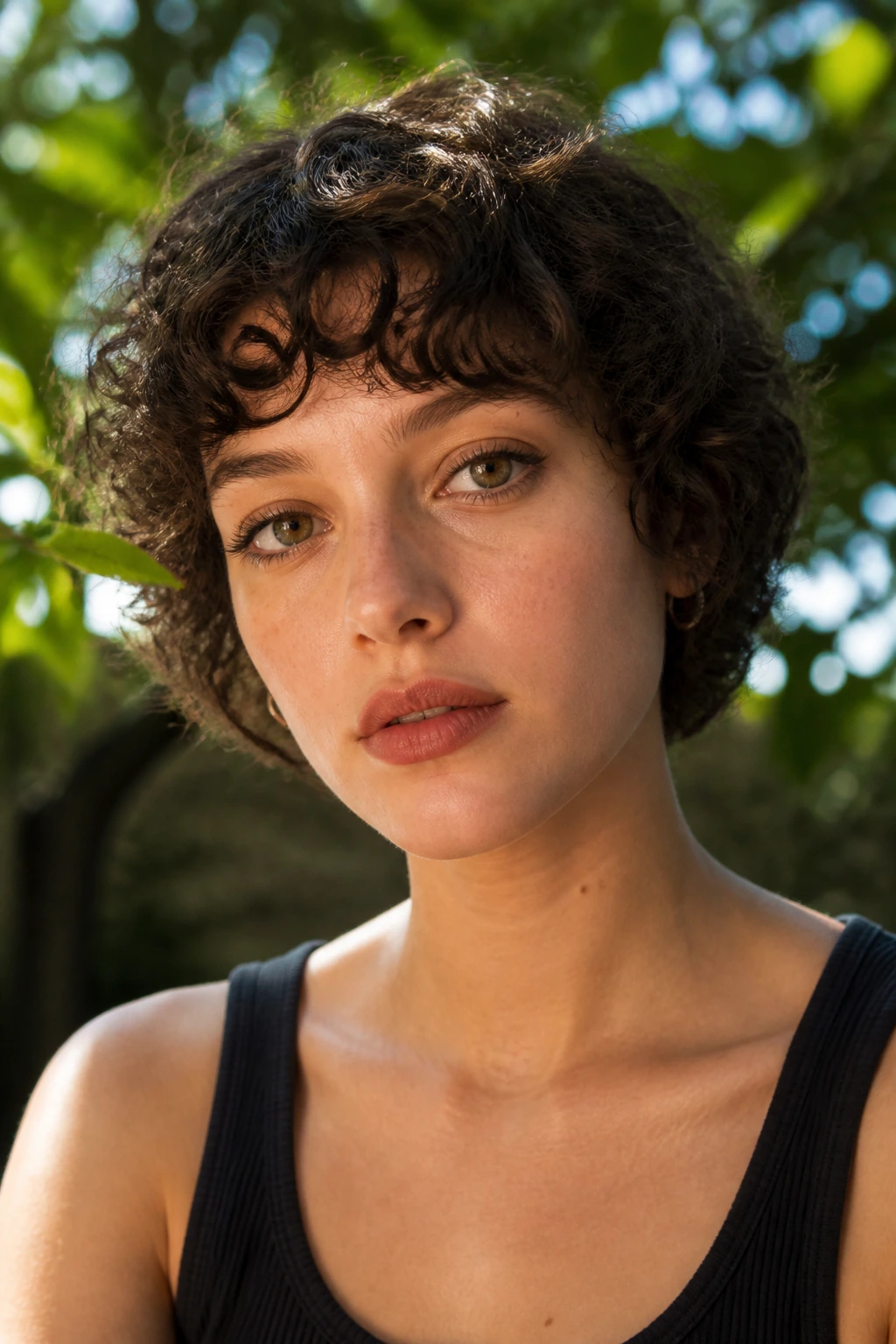 Portrait of a person with curly crop and halo bangs outdoors