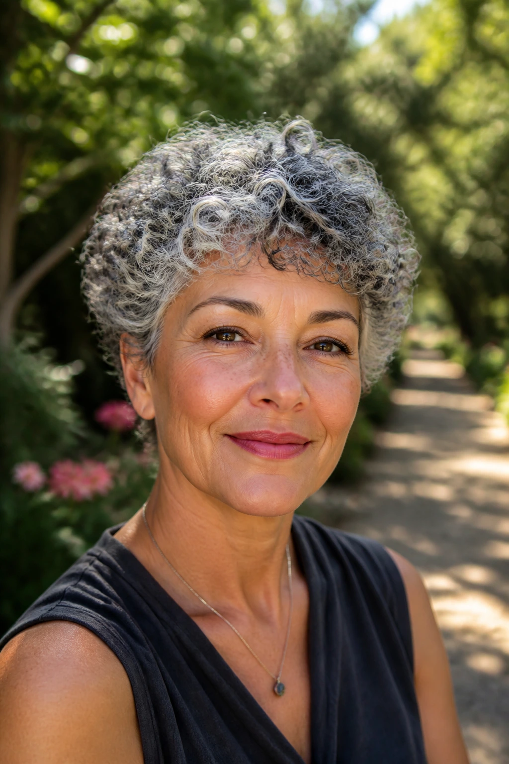 Close-up of a real woman with a curly crop and halo layers in silver hair.