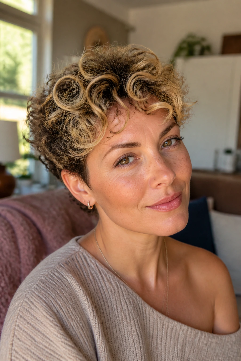 Close-up of a woman with a rooty honey curly crop and defined curls.