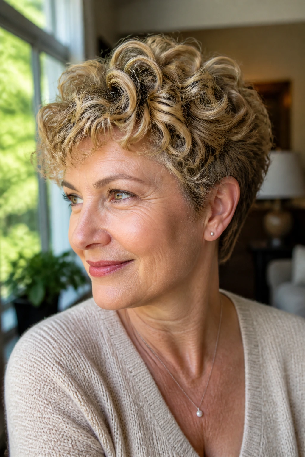 Close-up of a woman with a curly crop and honey highlights