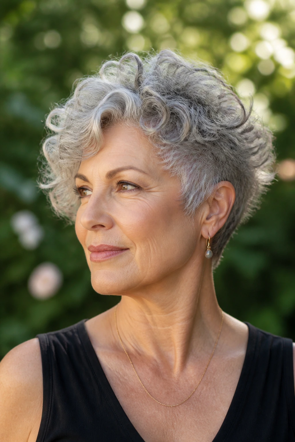 Portrait of a real woman with curly crop and lifted crown.