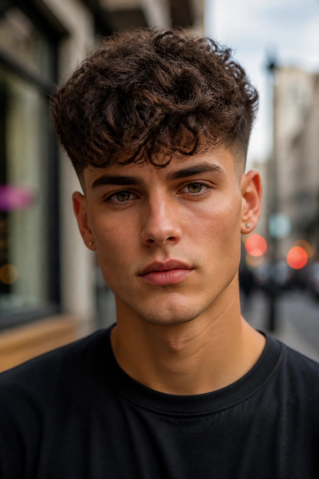 Portrait of a real person showing a curly crop with a long top and tight sides