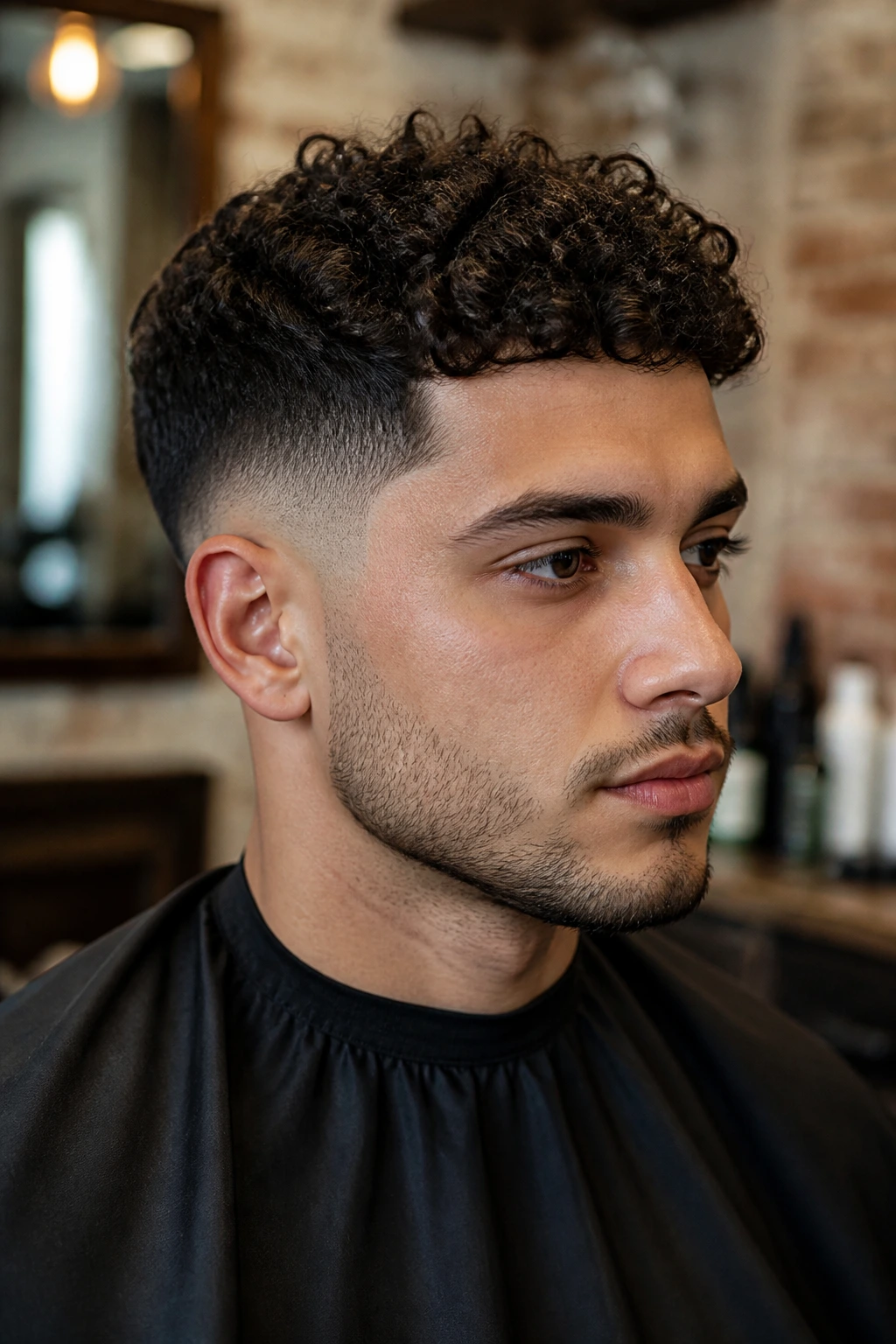 Portrait of a man with curly crop and low fade in barbershop lighting