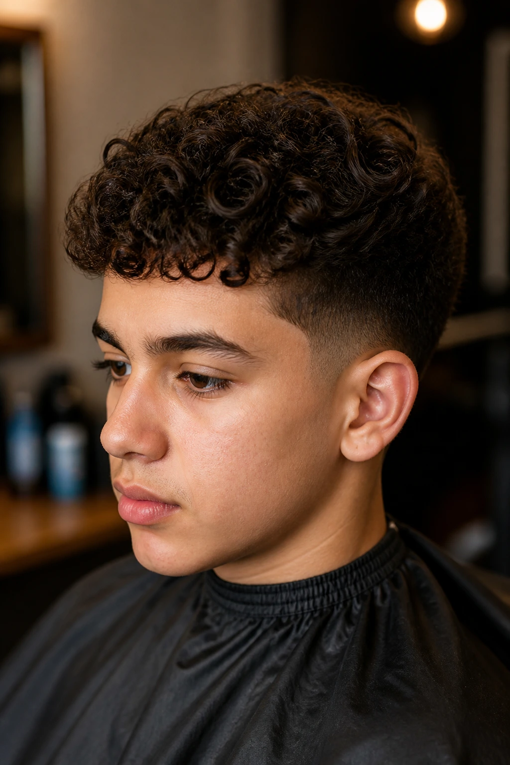 Close-up of a boy with a short curly crop and low taper in a barber chair