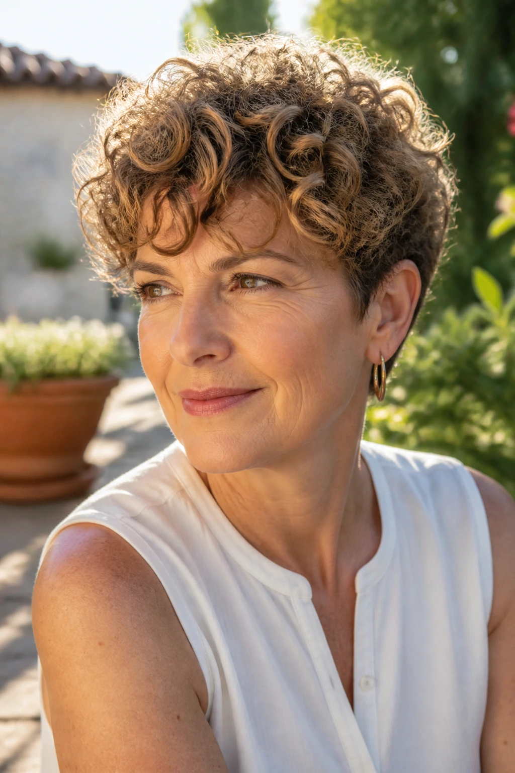Real person with curly crop for natural wave in outdoor sunlit setting.