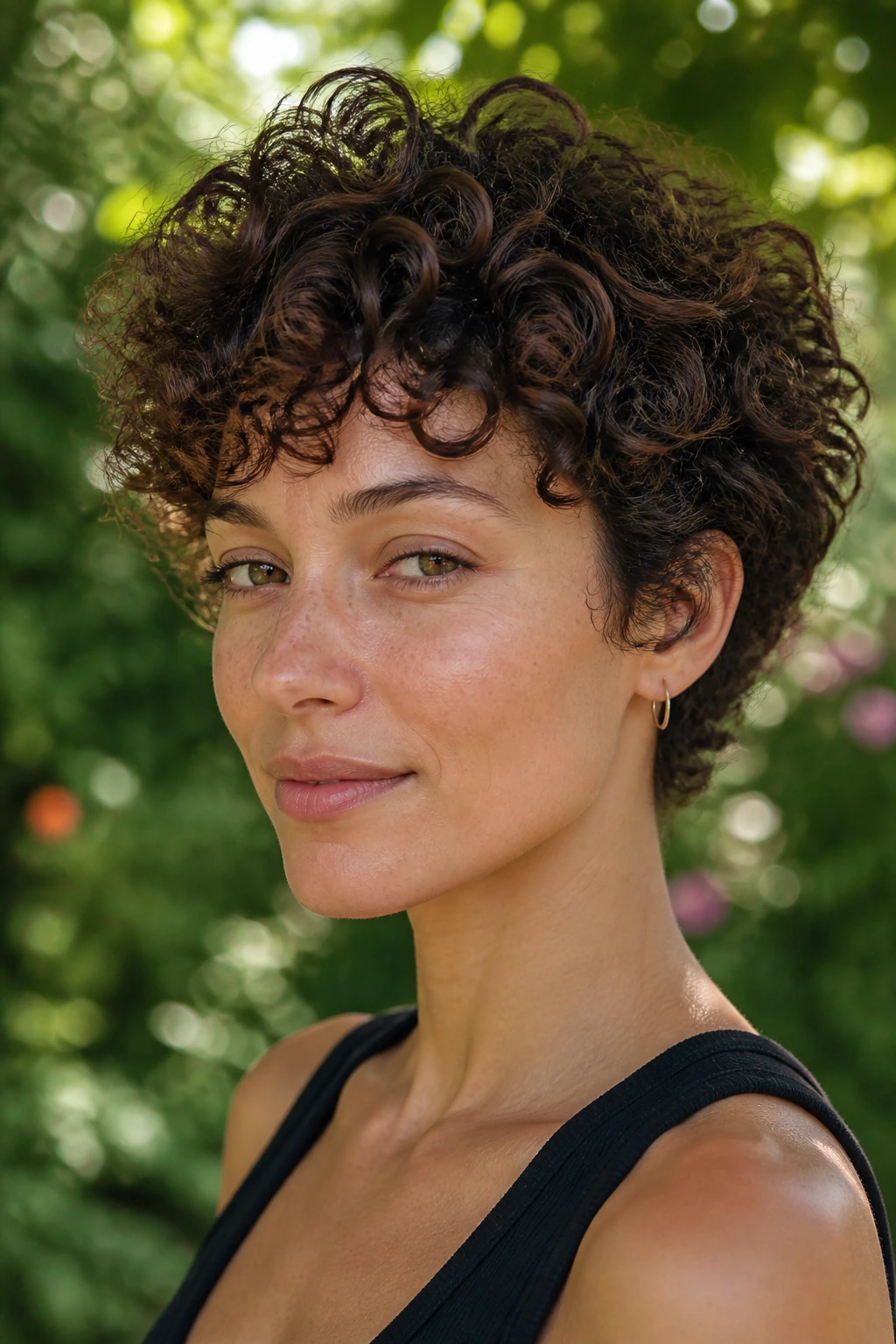Close-up portrait of a woman with a curly crop following her natural curl pattern in a garden