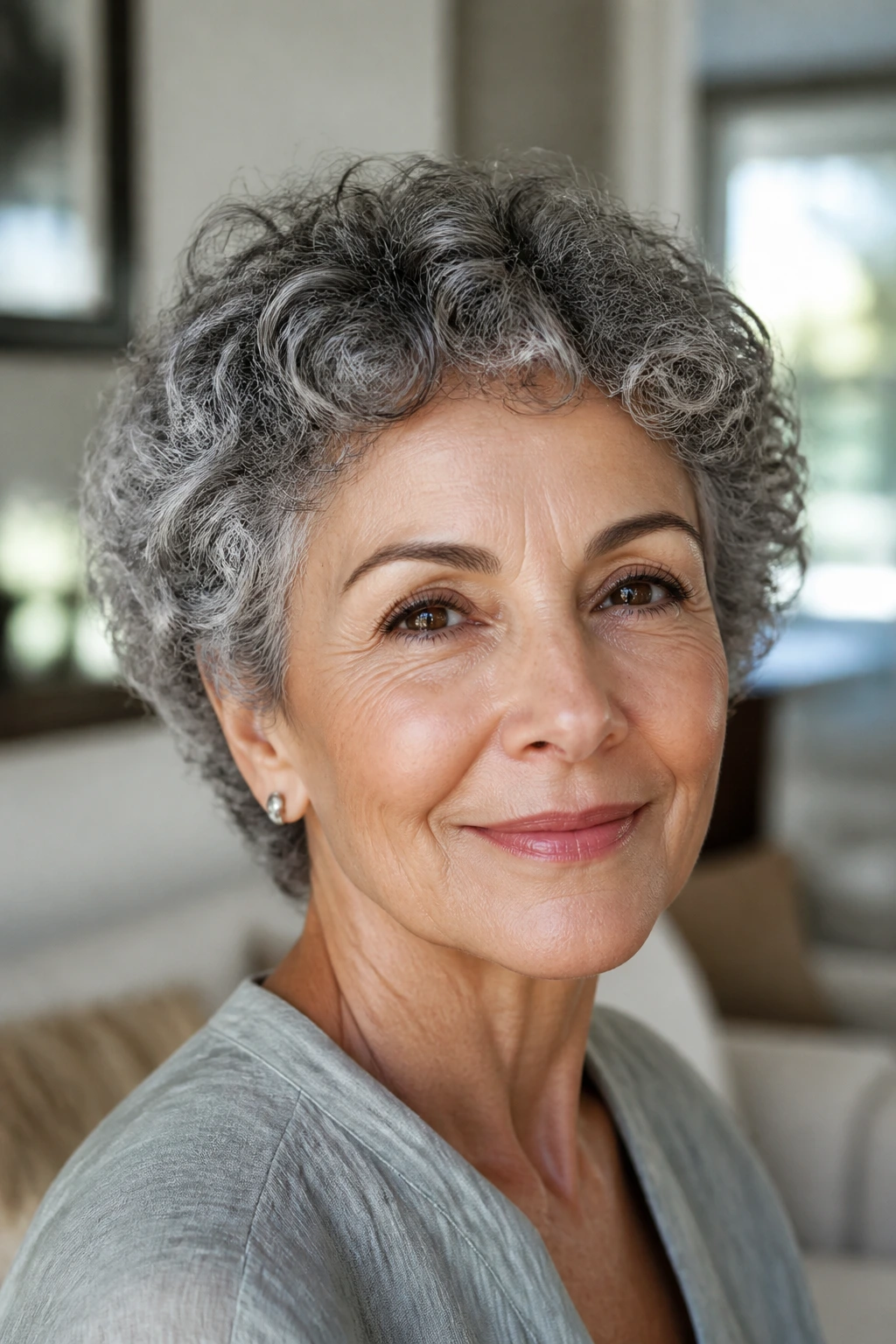 Close-up of a woman with a rounded curly crop in soft daylight