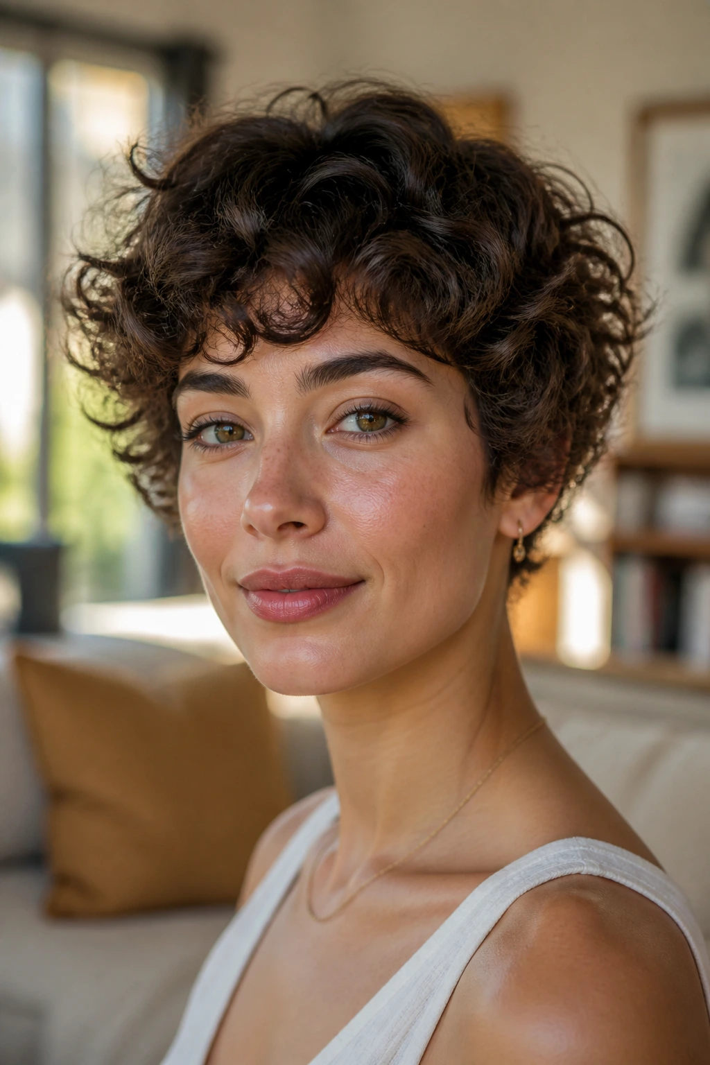 Close-up portrait of a real woman with a curly crop and rounded shape around cheeks