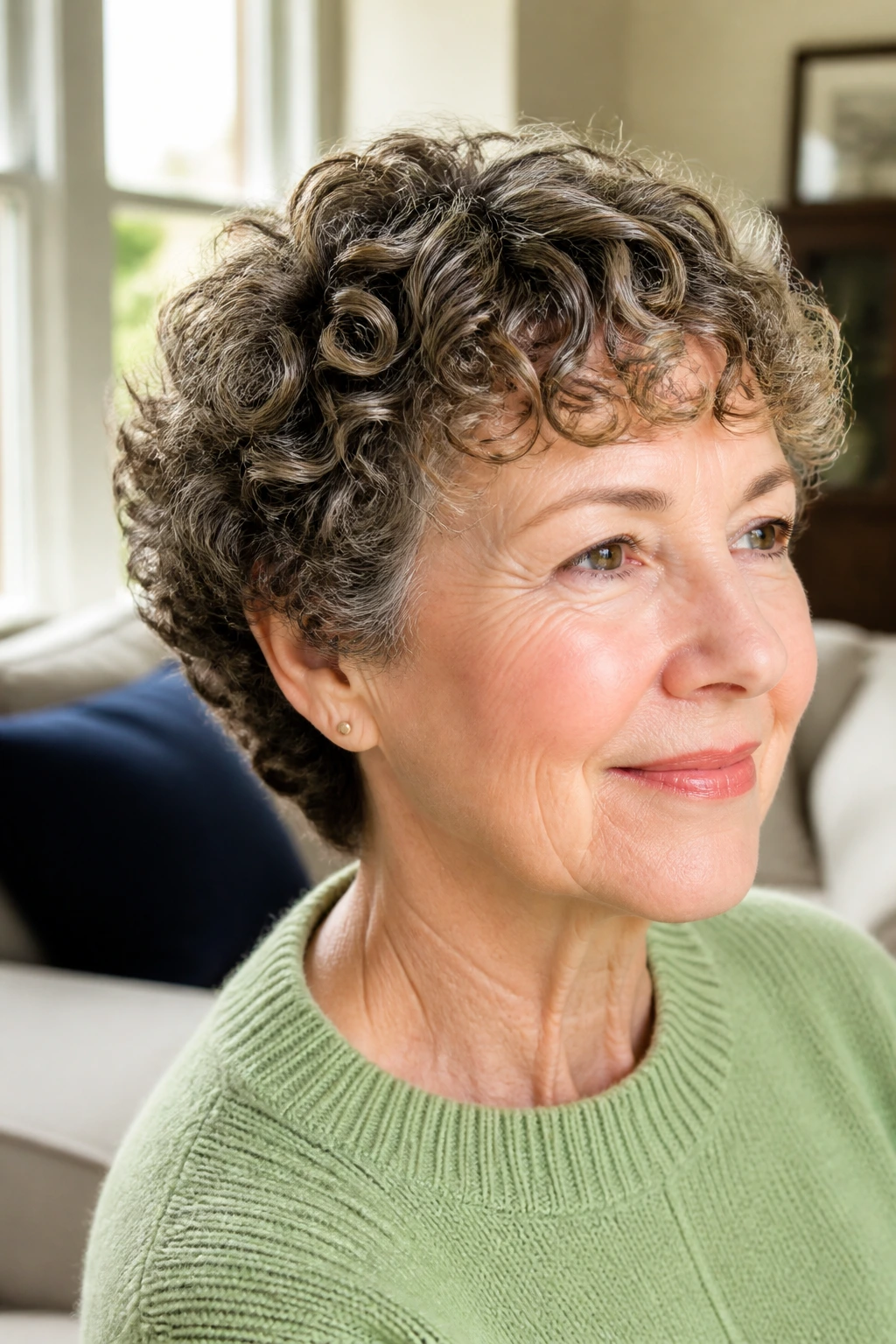 Close-up portrait of a real woman with a curly crop and rounded silhouette