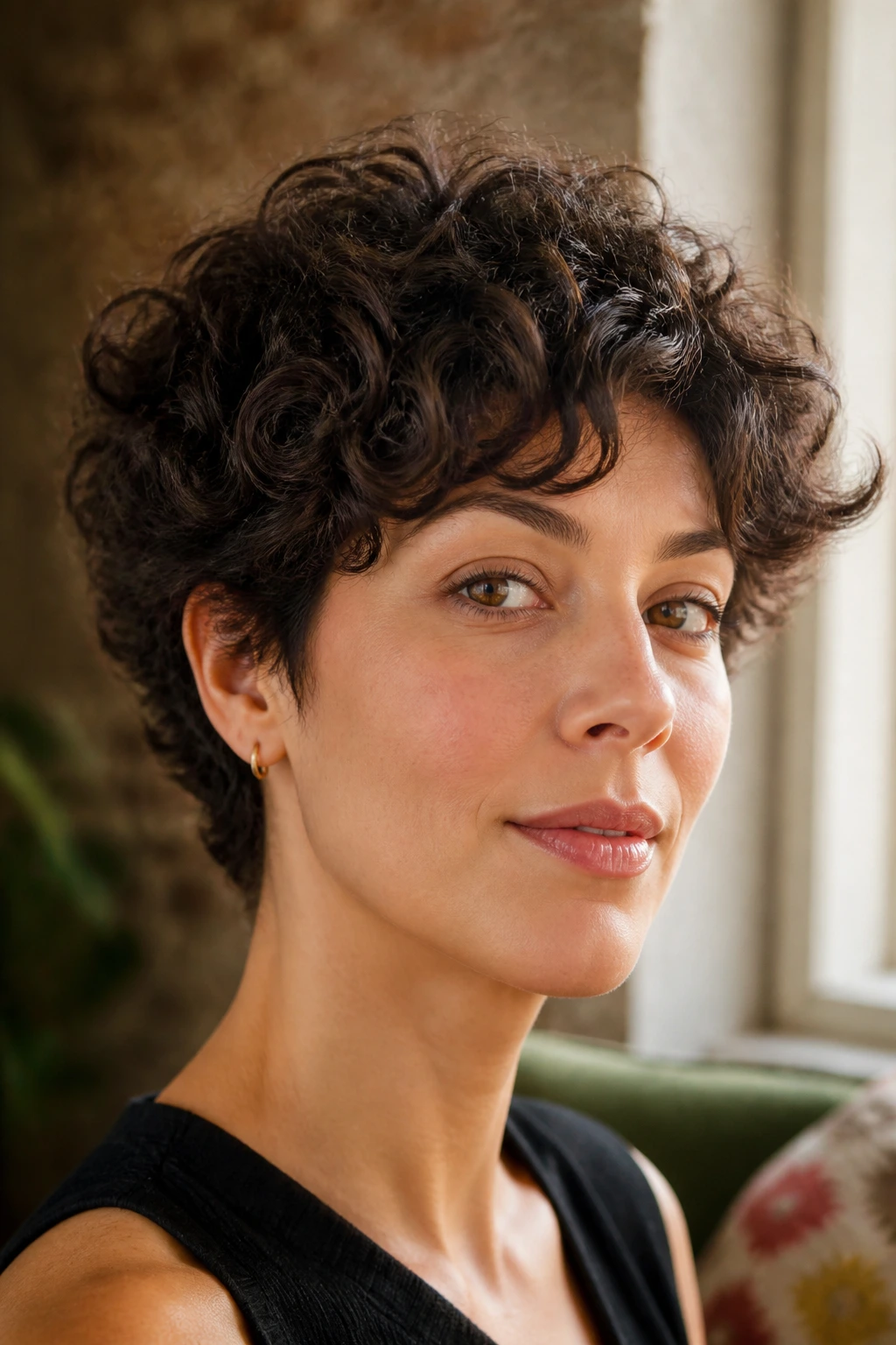 Close-up of a real woman with curly crop sculpted layers forming a rounded silhouette