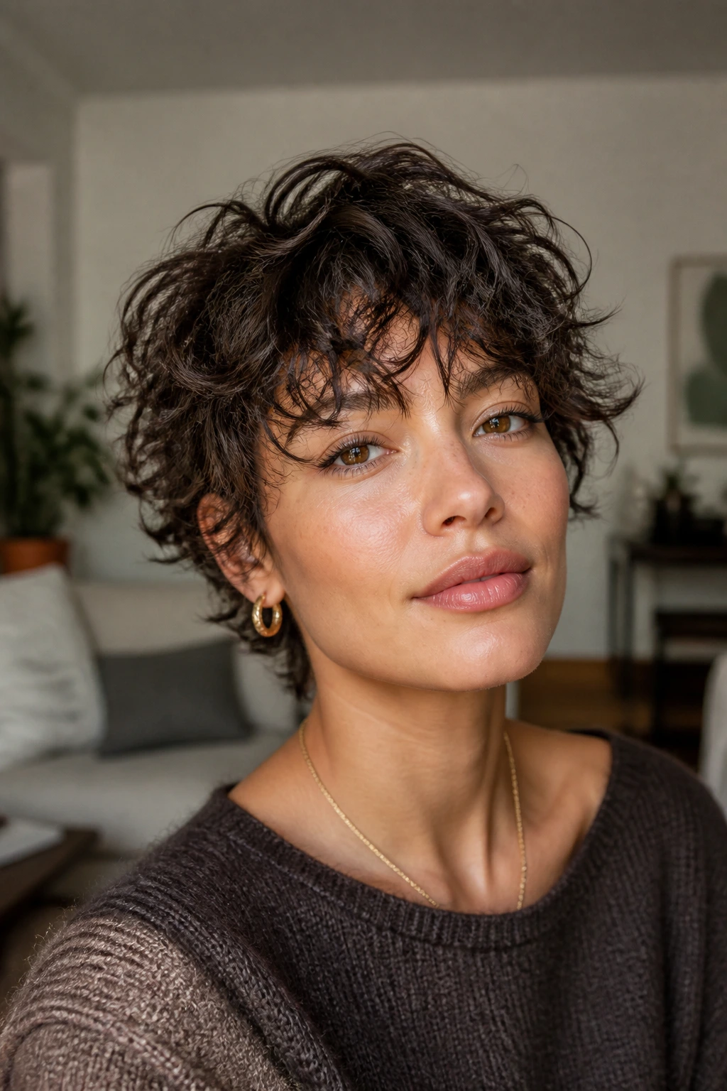 Close-up portrait of a real woman with a curly crop shag and long frayed bangs.