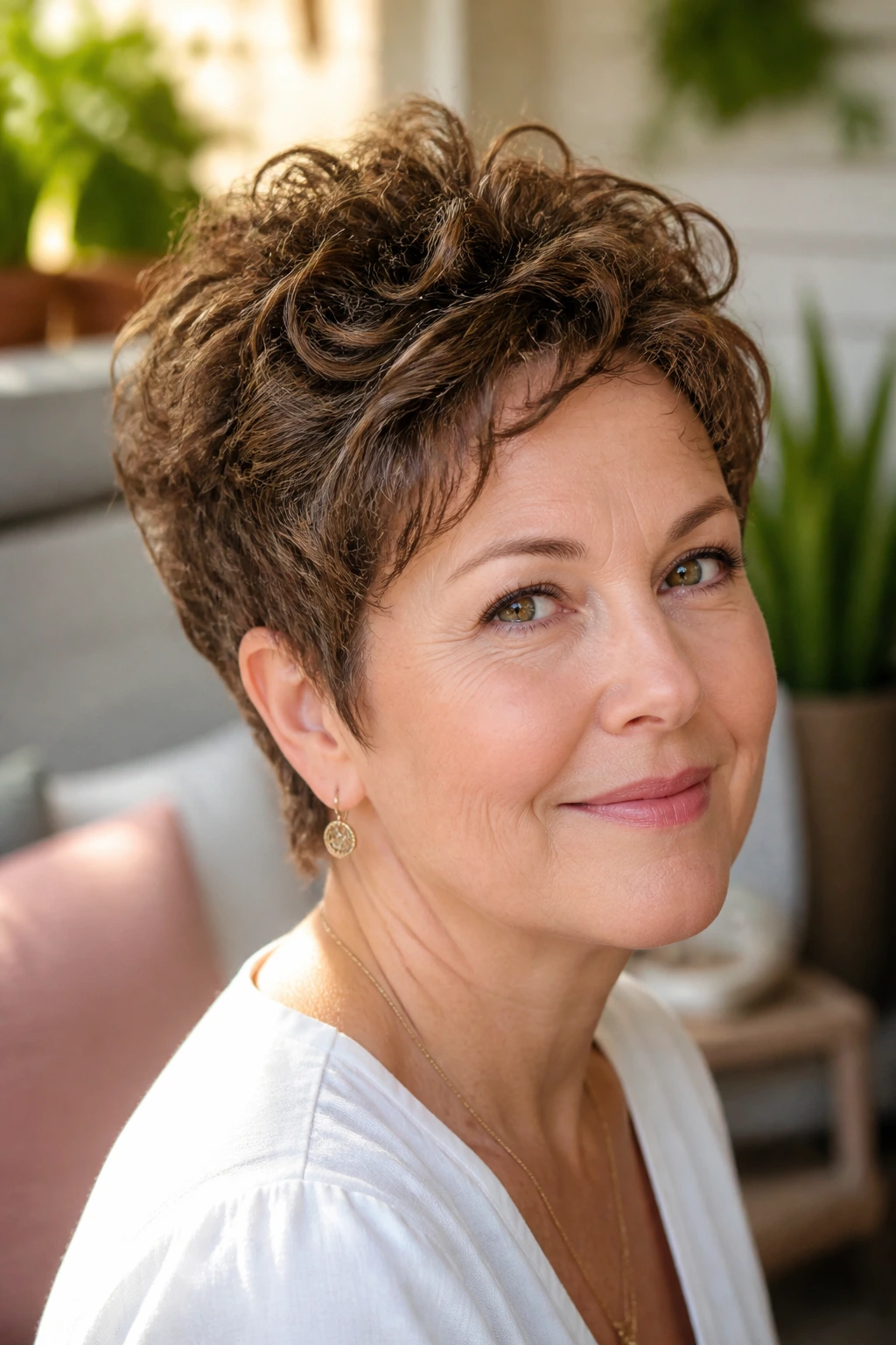 Portrait of a real woman with a short curly crop and lifted crown