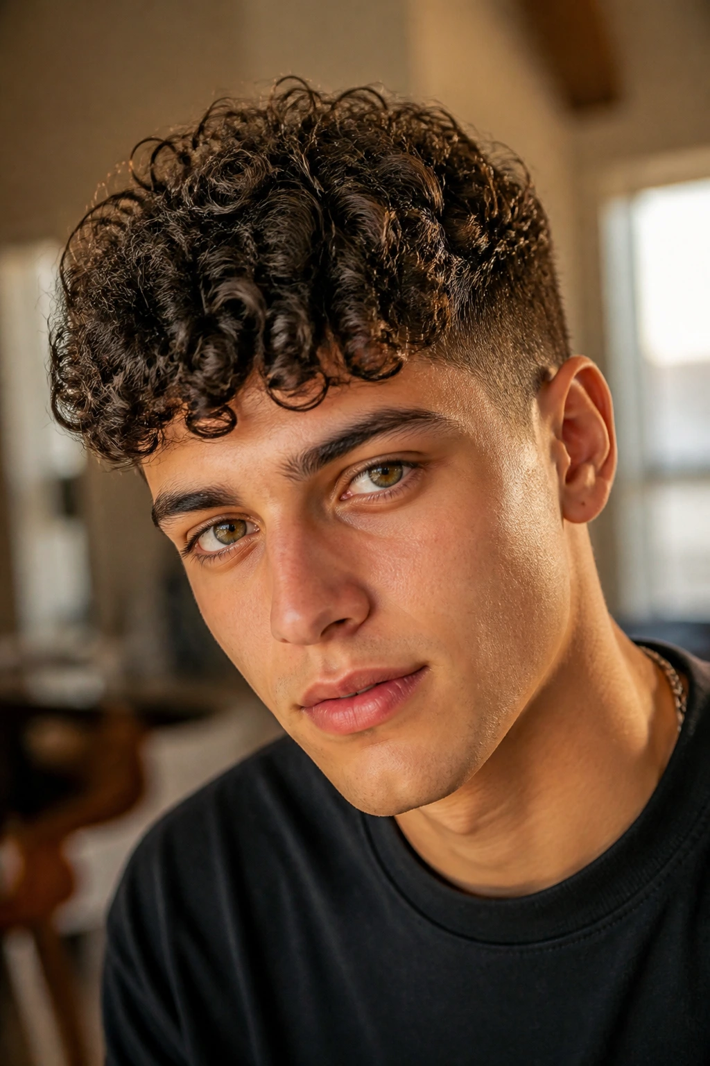 Close-up portrait of a person with curly crop and short sides