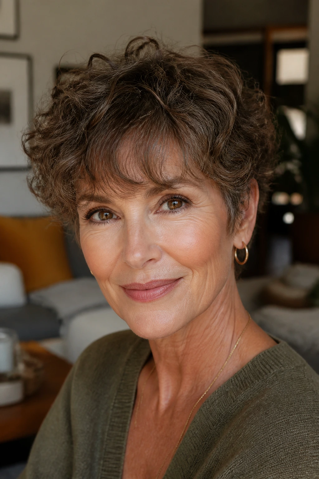 Close-up portrait of a real woman with curly crop and soft fringe in soft room light.