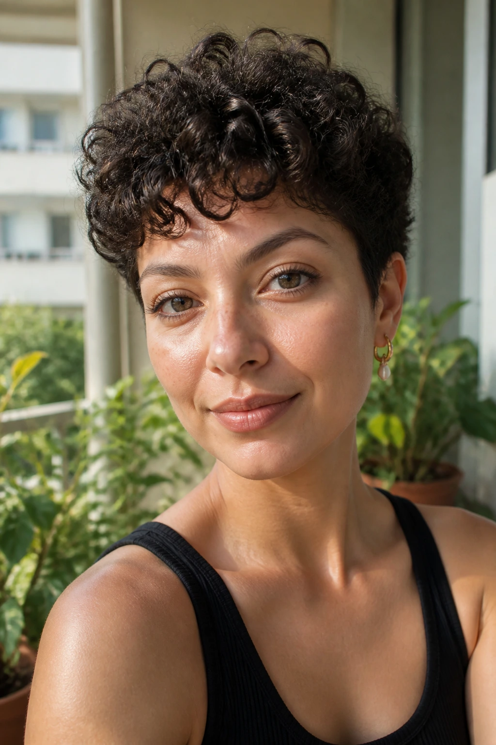 Portrait of a woman with a curly crop and soft height at the crown