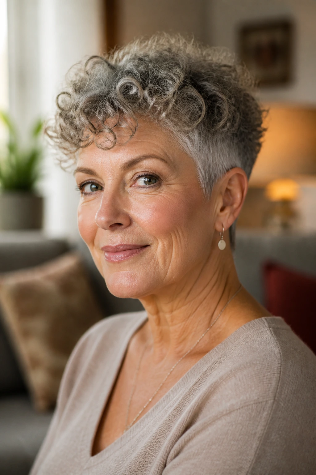Close-up of a real woman with curly crop and soft taper, defined curls and tapered sides.