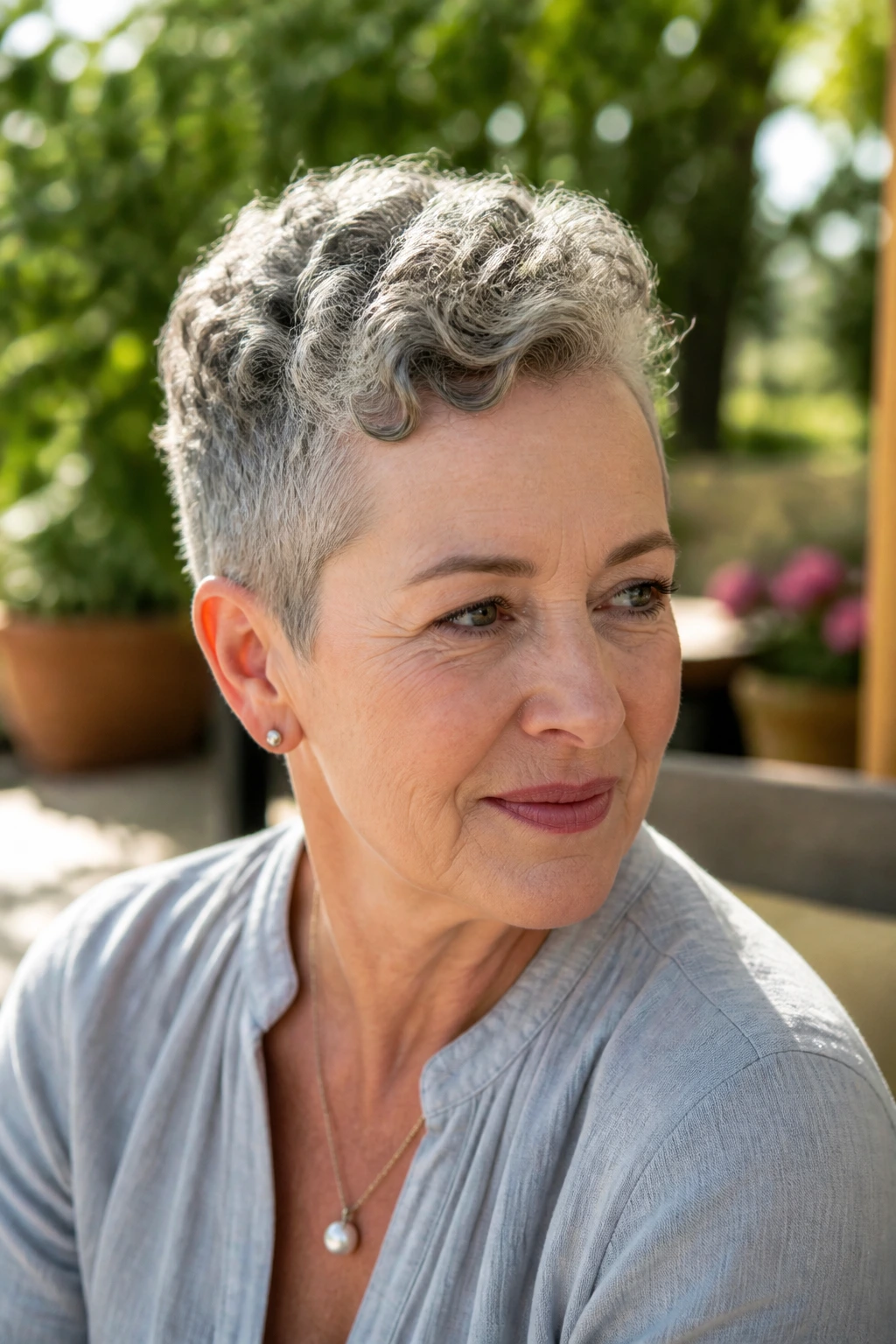 Close-up portrait of a woman with a curly crop and tapered sides