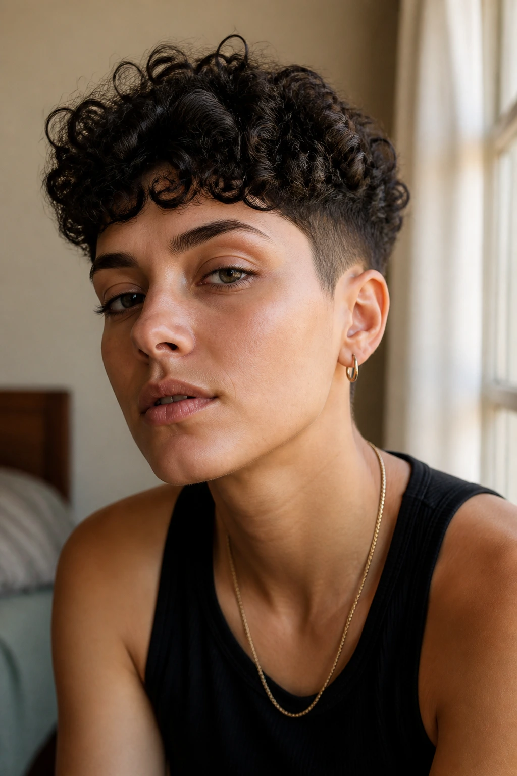 Close-up of a real person with curly crop and tapered sides in soft daylight