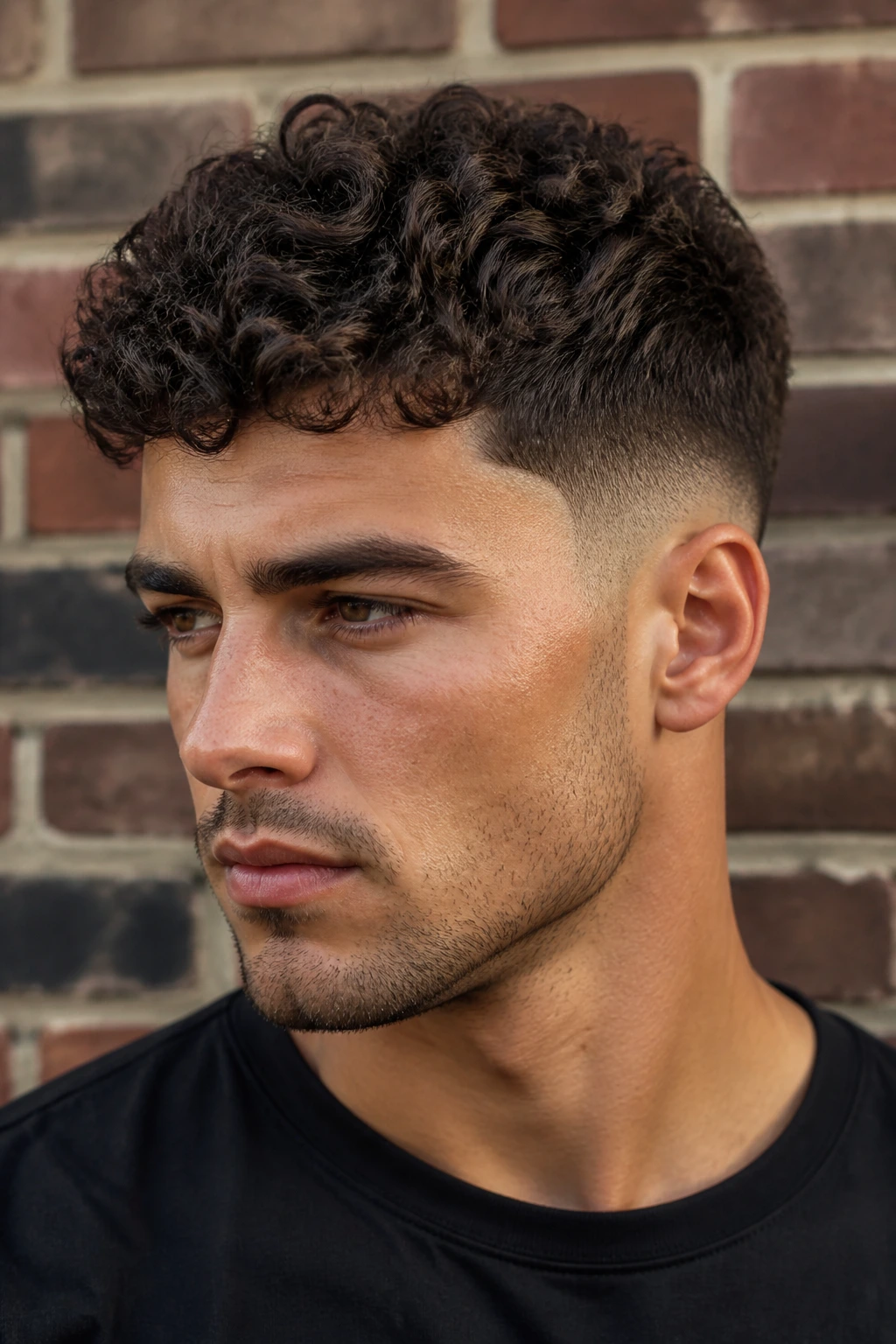 Close-up portrait of a man with curly crop and temple fade