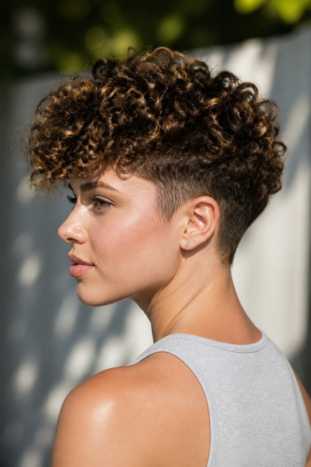 Portrait of a woman with curly crop and hidden undercut at the nape