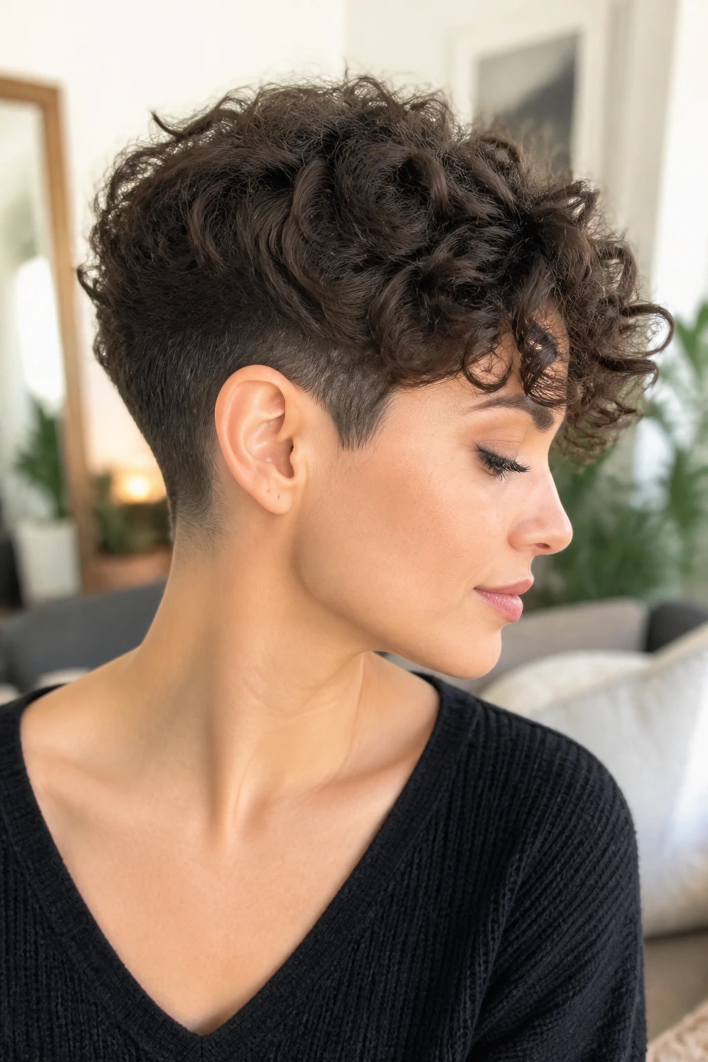 Curly crop with soft underlayer showing shaved area under curls