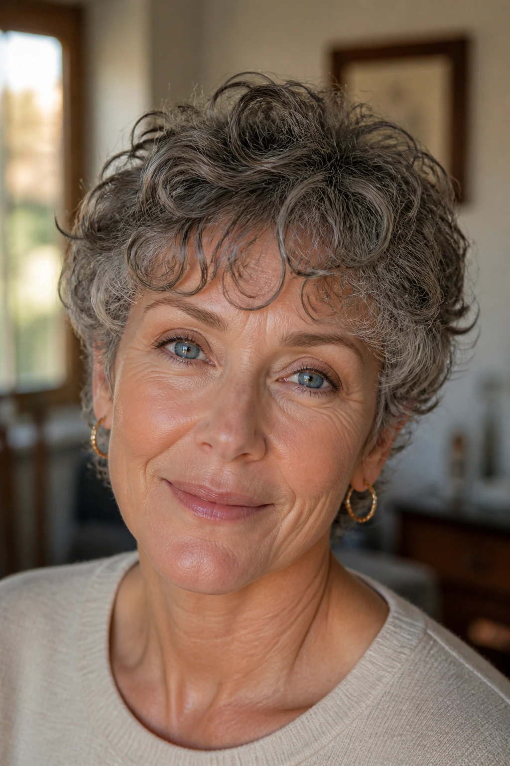 Close-up of a real woman with curly crop and wispy fringe