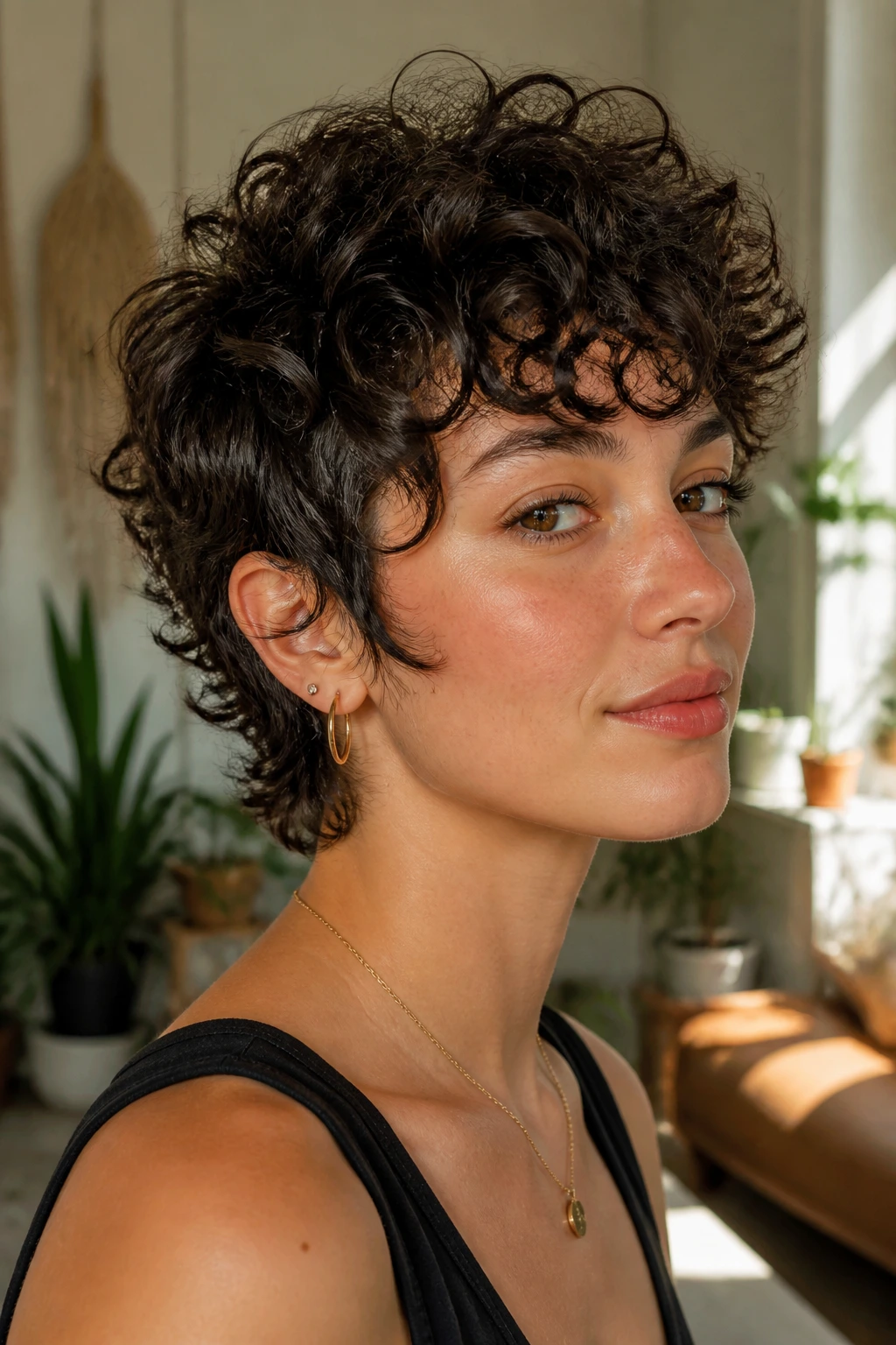 Close-up of real person with curly crop wolf cut showing stacked curls and lift