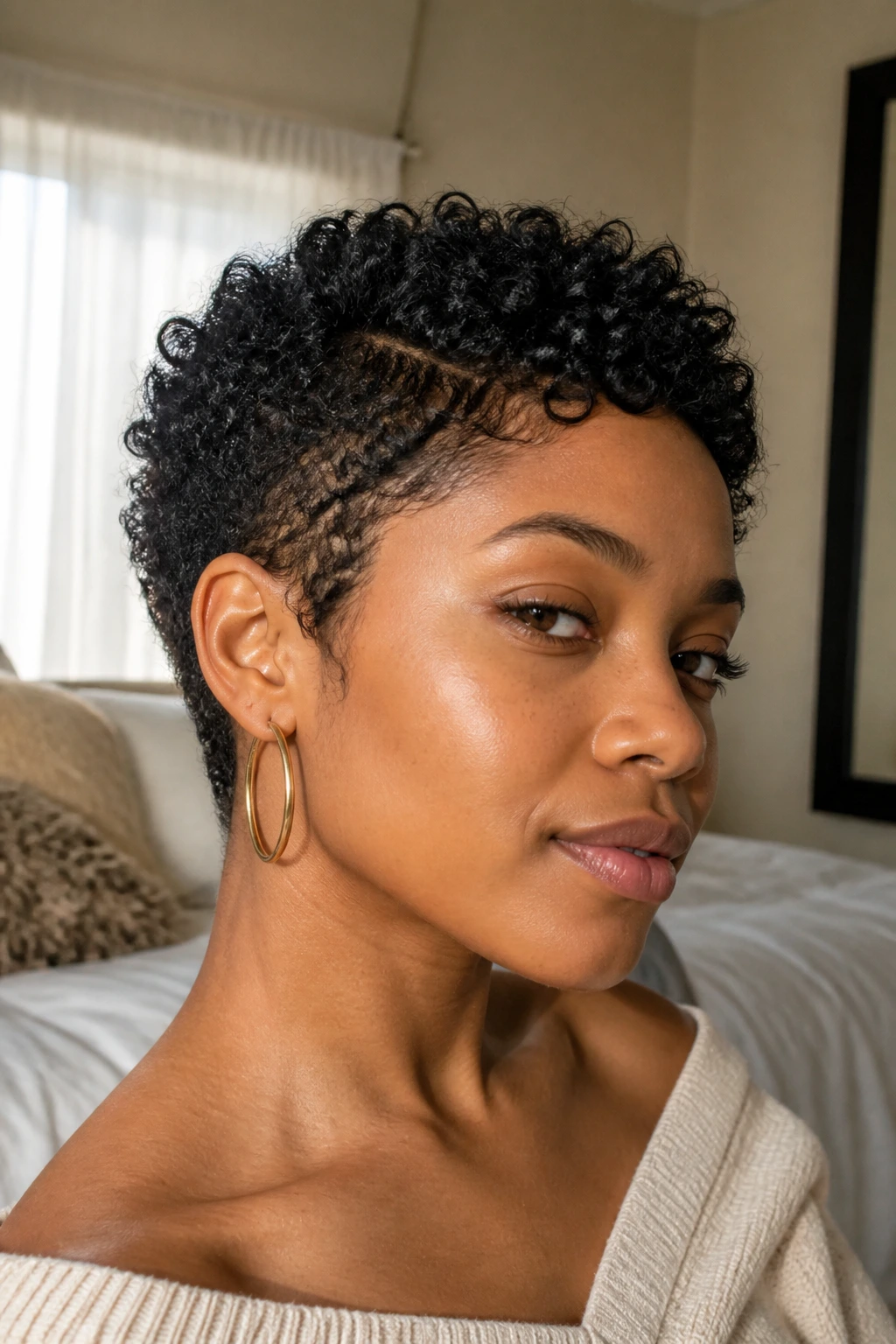 Close-up of a real person with a short natural curly crop, highlighting the silhouette.