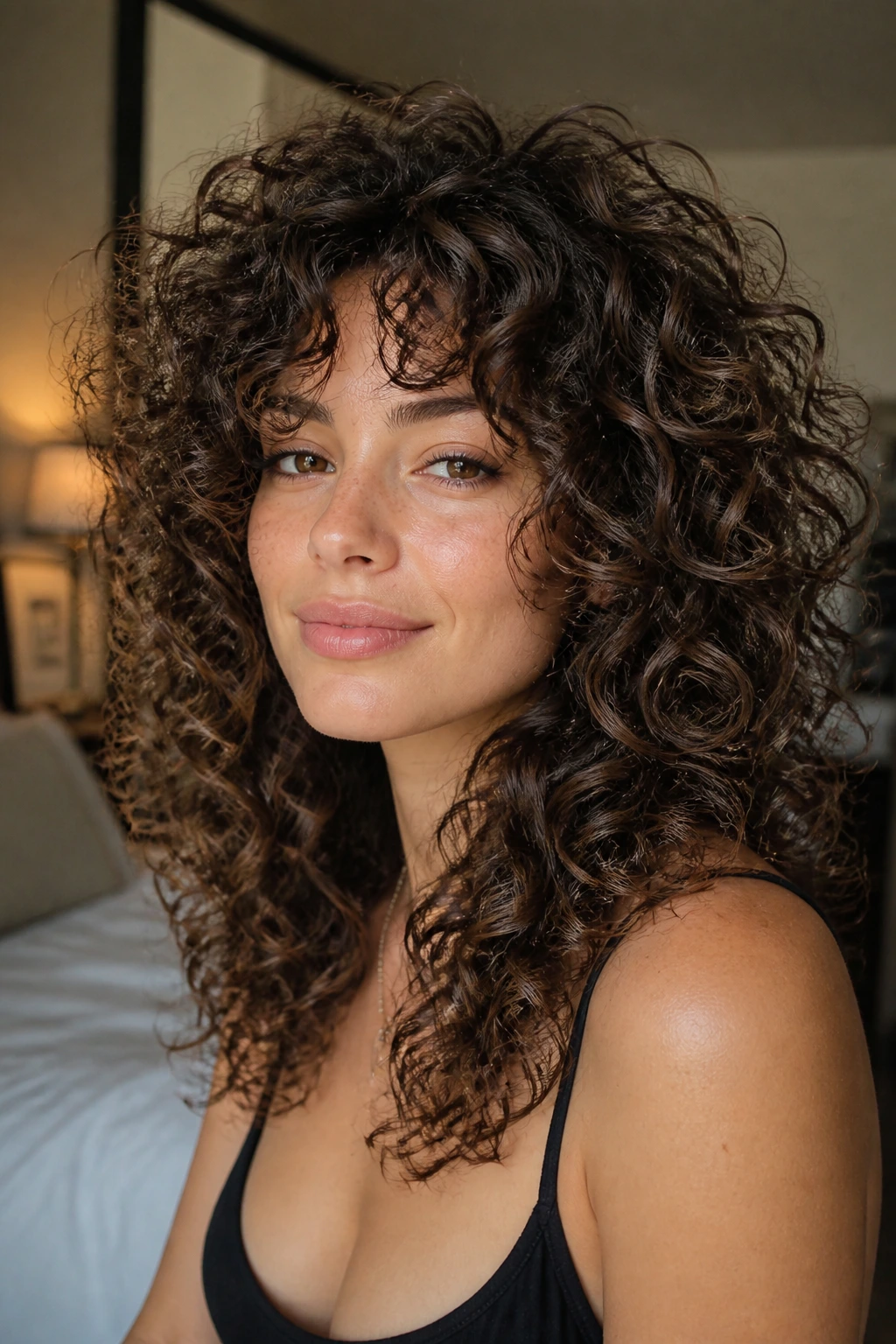 Close-up of a real woman with Curly Butterfly With Rounded Crown hairstyle, rounded crown and natural curls.
