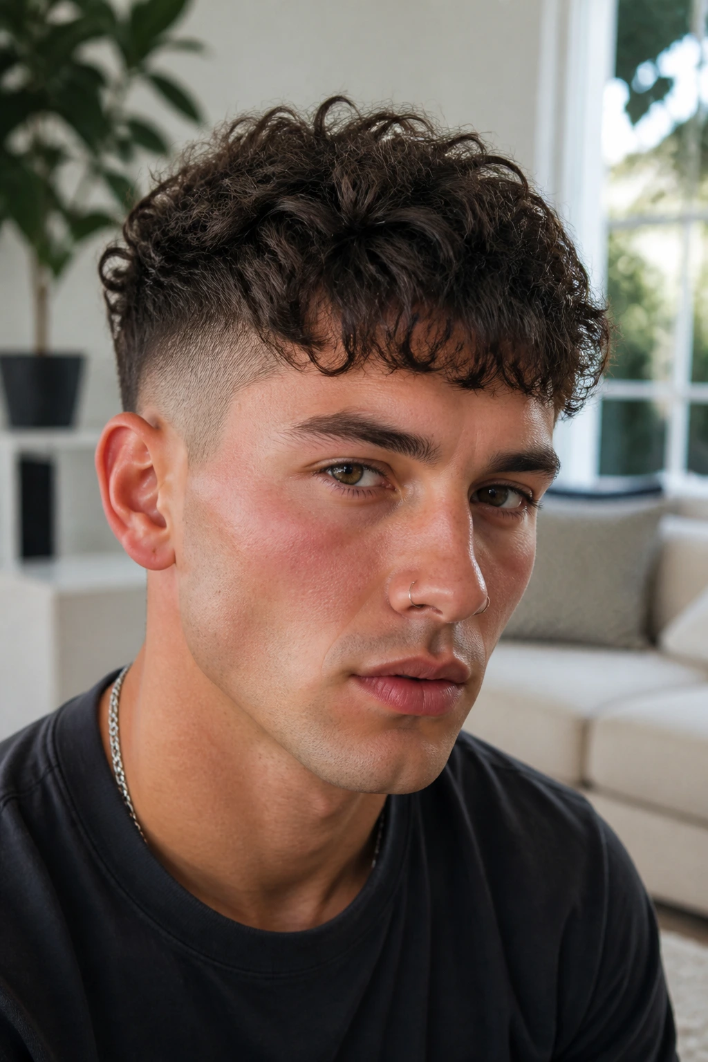Portrait of a person with Curly Crown Chelsea hairstyle featuring defined curls on top