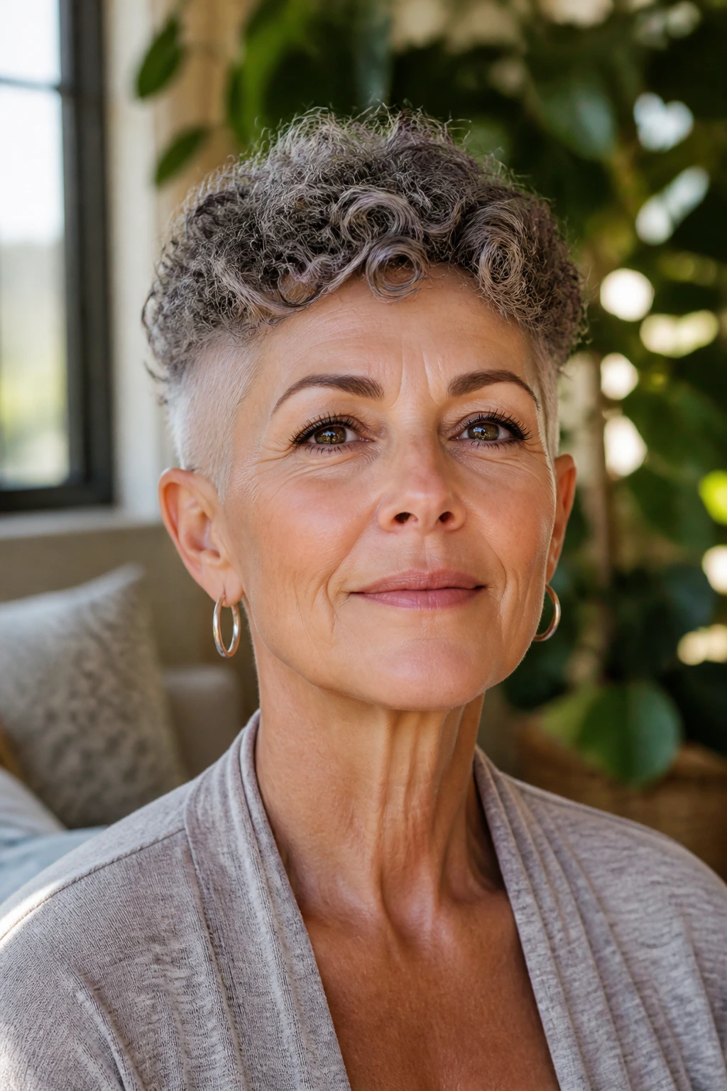 Close-up portrait of a woman with curly crown crop and tapered sides