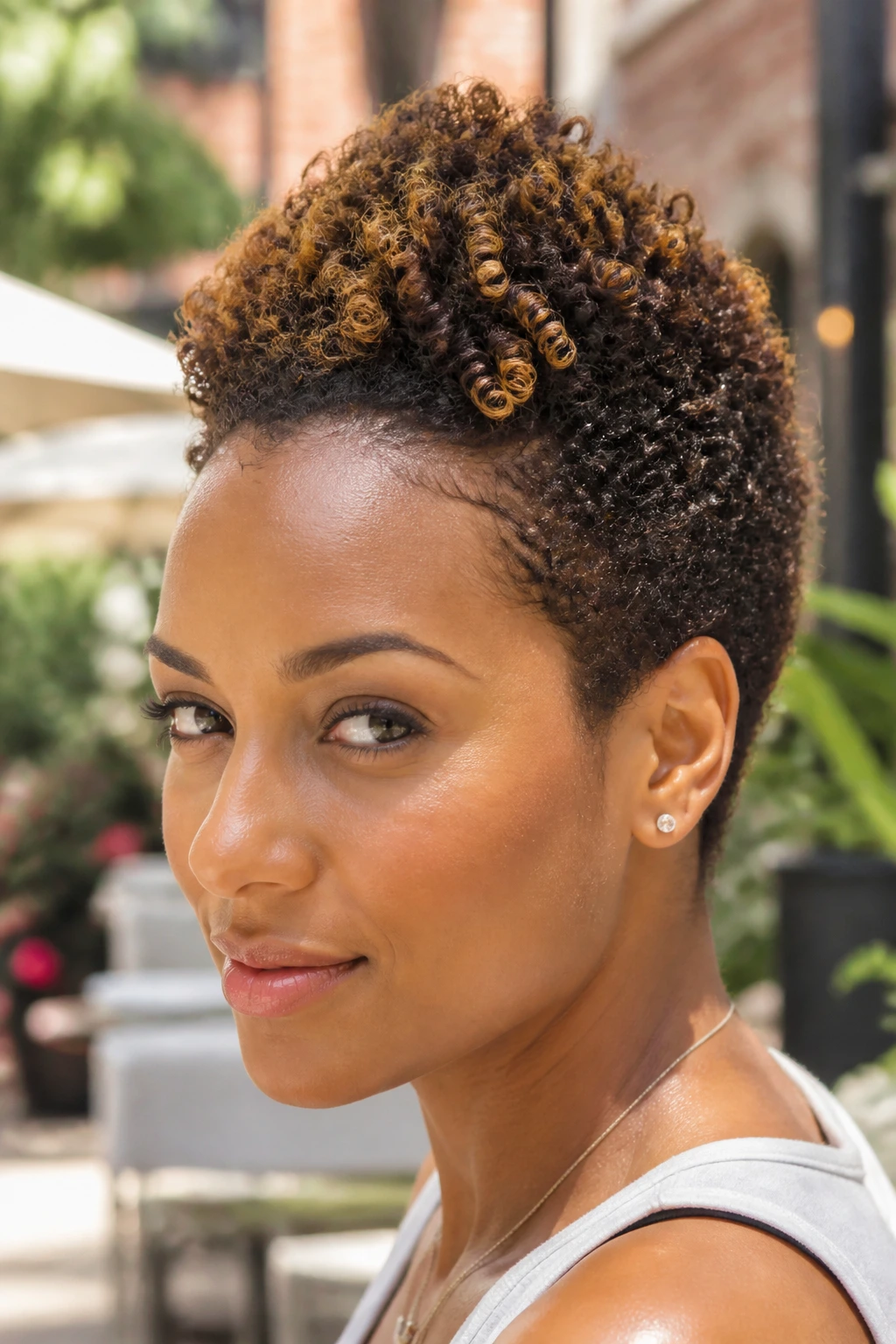 Real person with curly crown faux hawk, centered ridge formed by curls