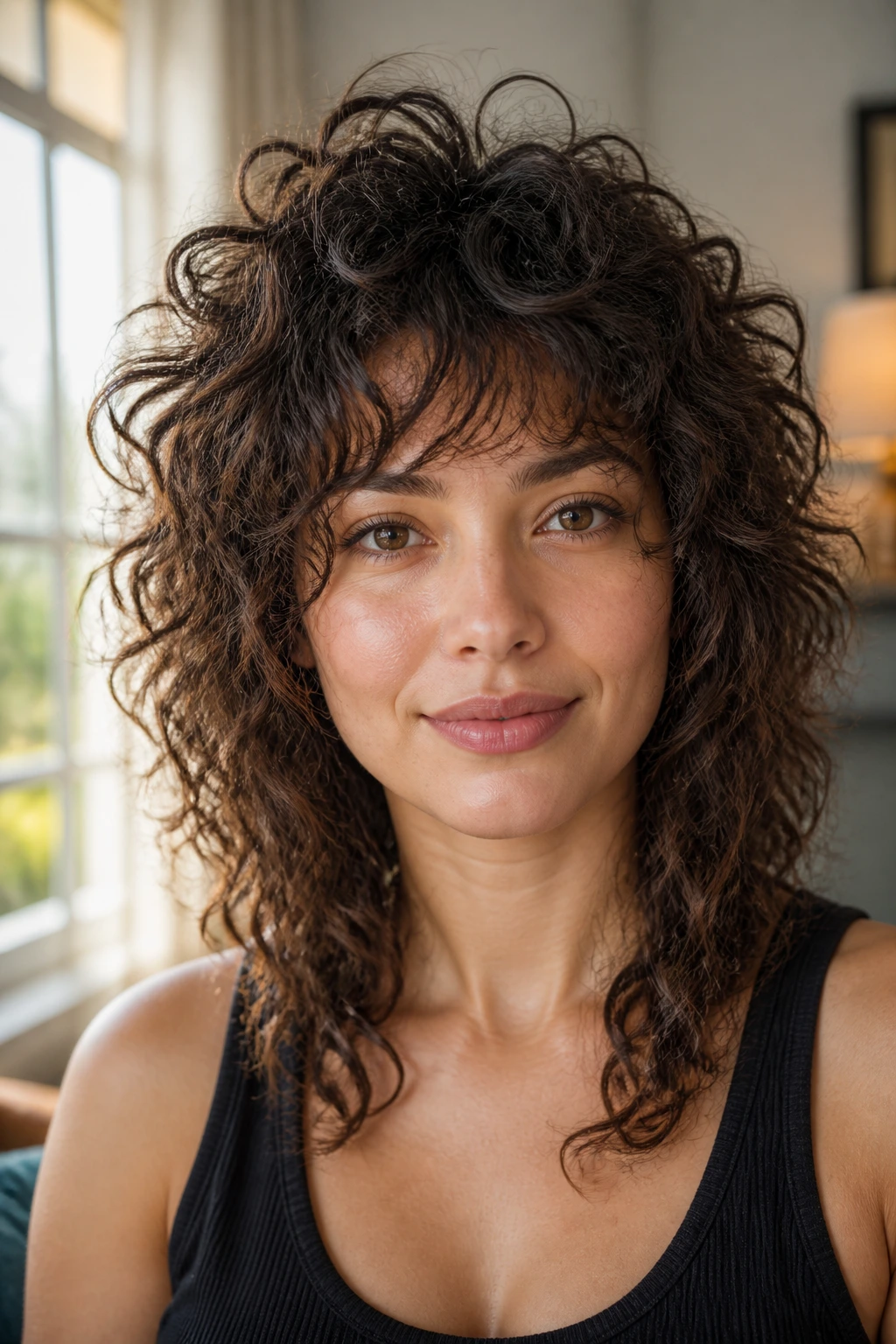 Close-up of a real woman with curly crown-lift shag hairstyle