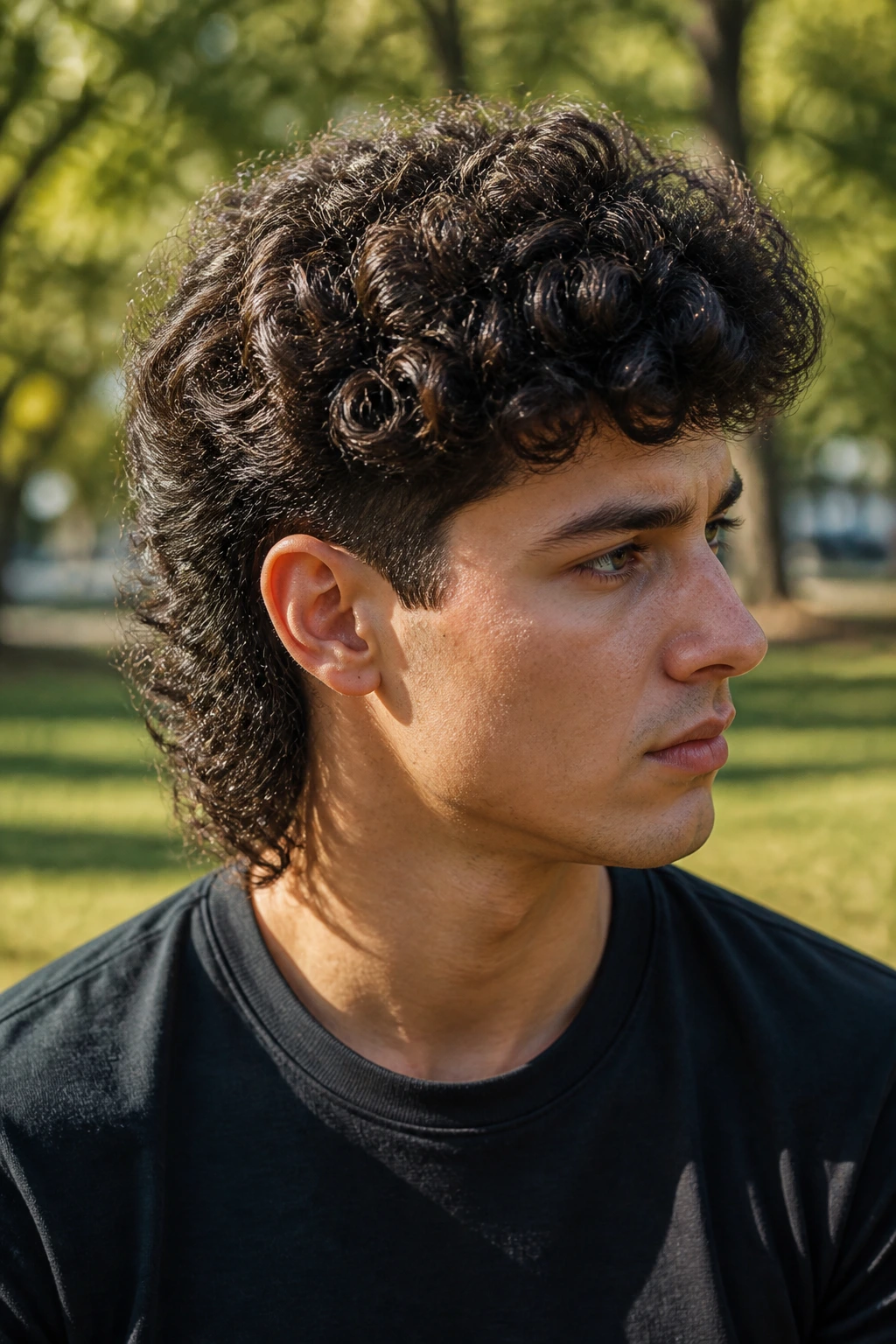 Real person with curly crown mullet under natural daylight in an outdoor setting.