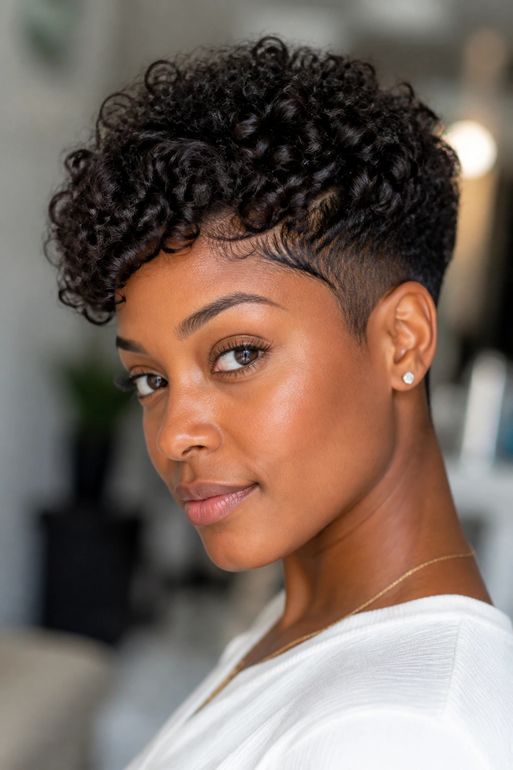Close-up of curly crown pixie showing defined curls on the top