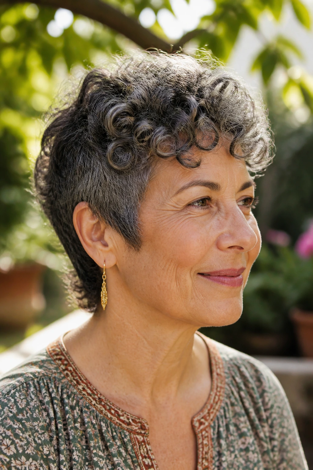 Close-up of an older woman with curly crown pixie mullet.
