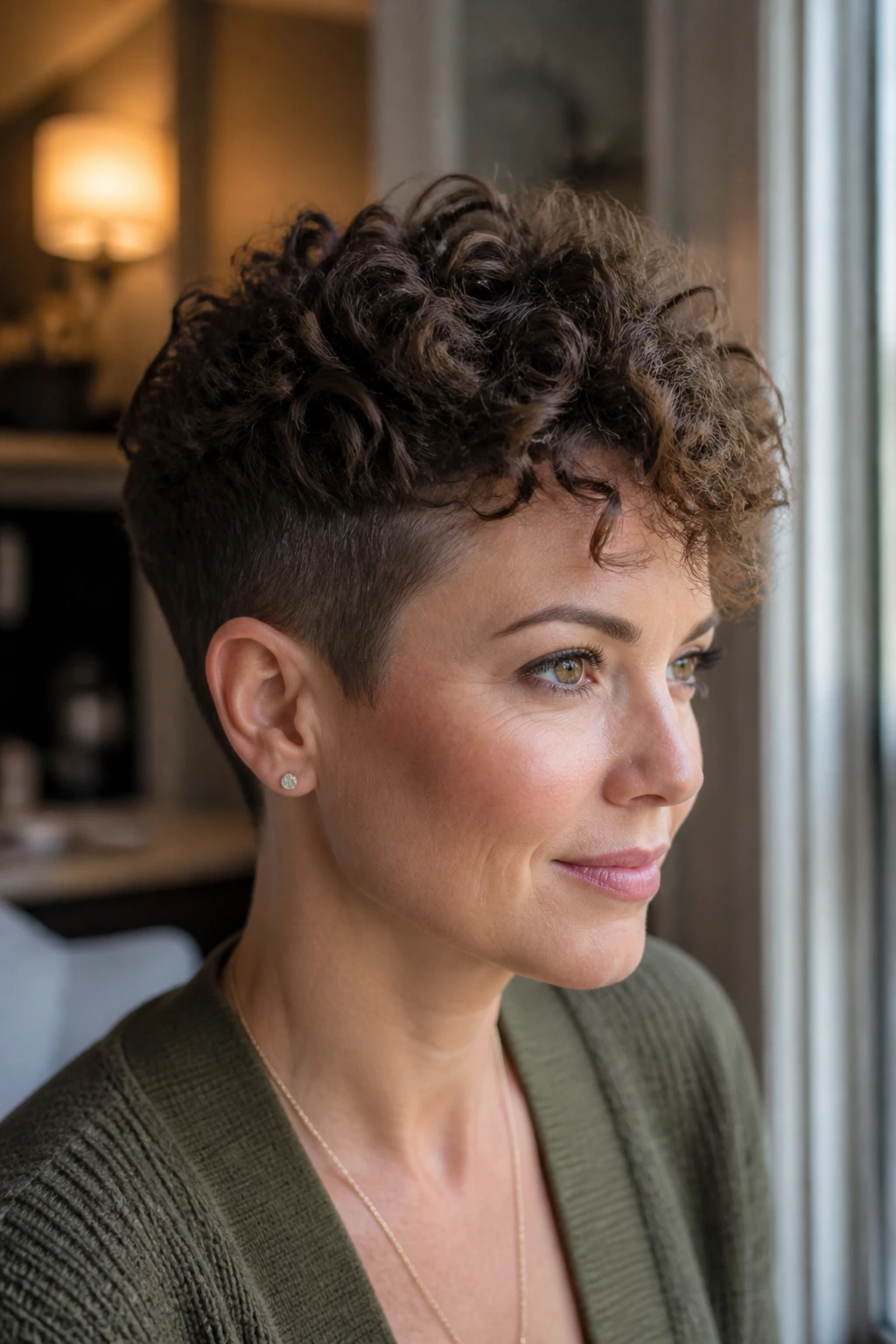 Portrait of a real woman with curly crown pixie hairstyle.