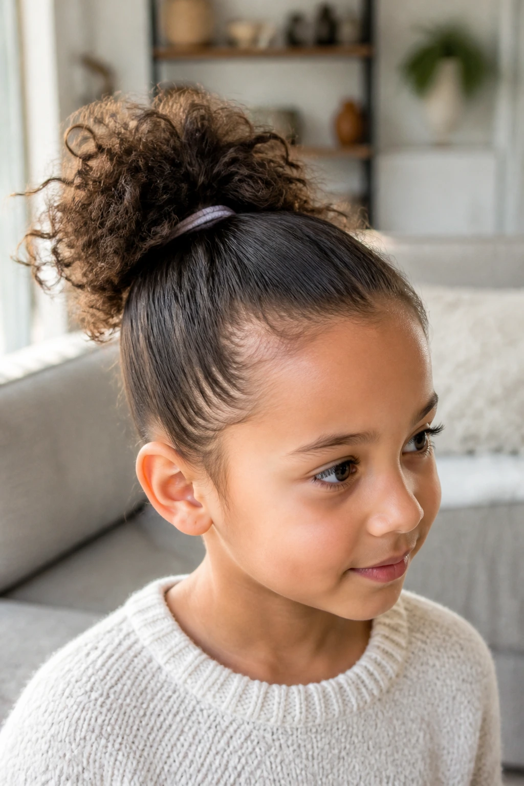 Young girl with curly crown ponytail in a living room
