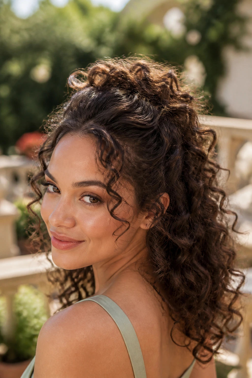 Close-up of real woman with curly crown puff half-up in garden light