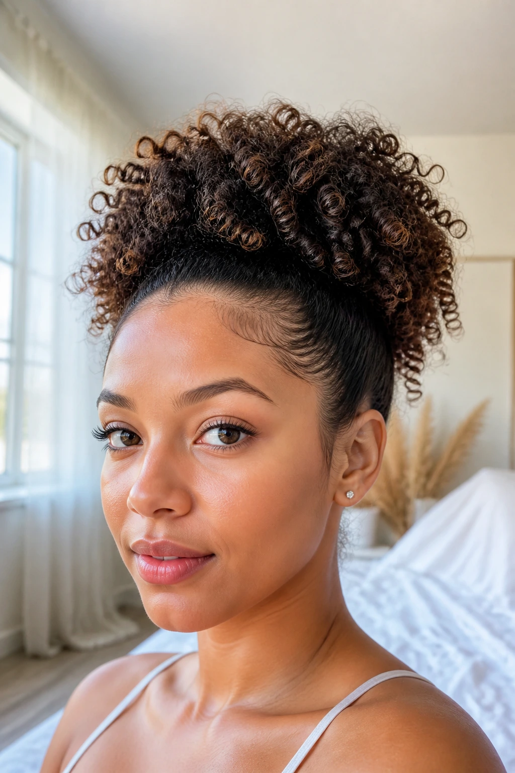 Close-up portrait of a woman with curly crown puff, crown lifted