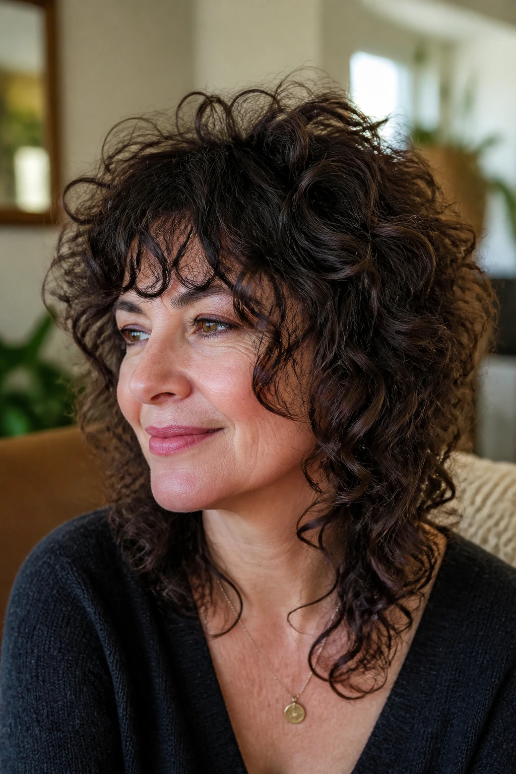 Close-up portrait of a real woman with curly crown shag featuring lifted crown and defined perimeter curls.