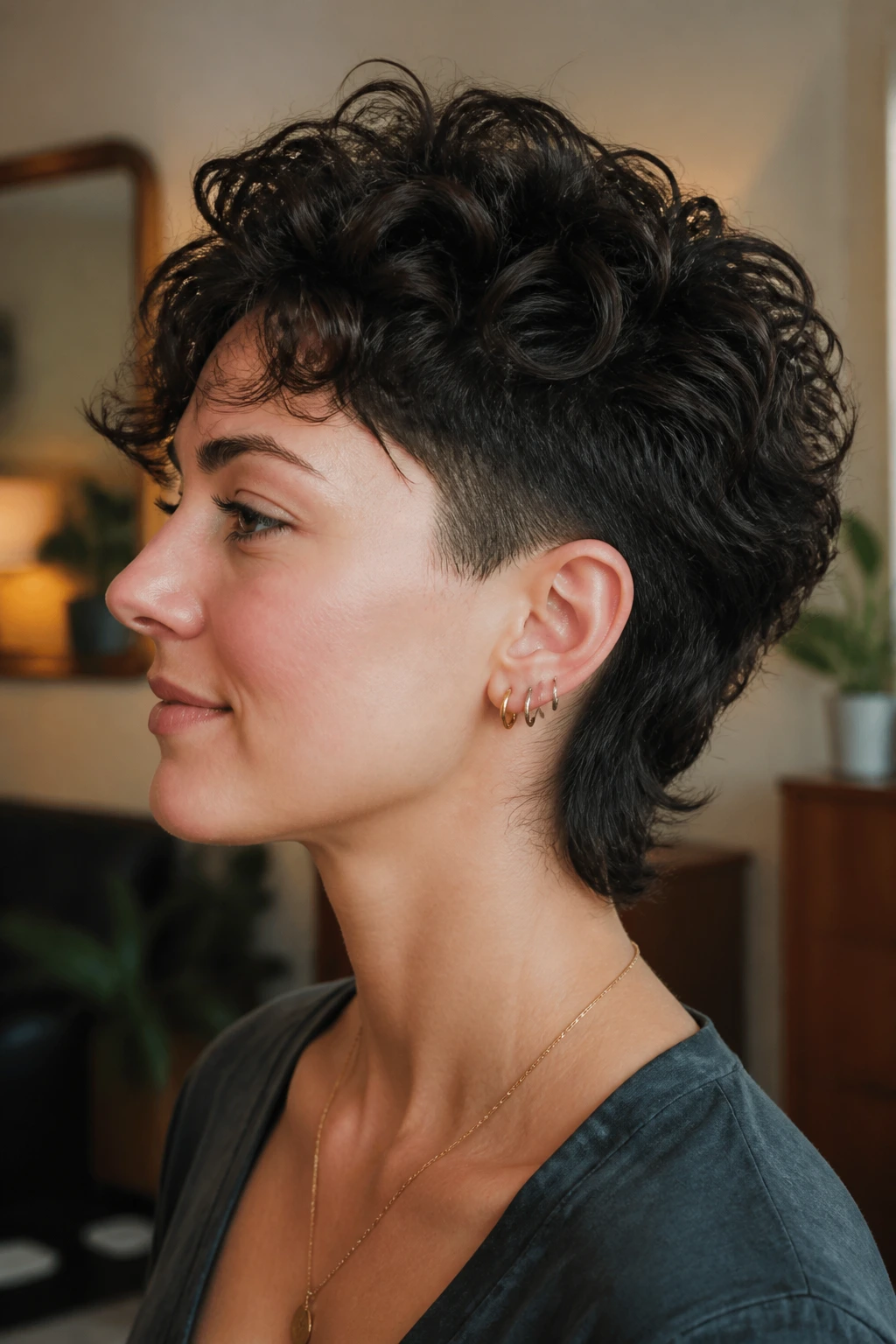 Real woman with curly crown and tapered nape under warm diffuse light