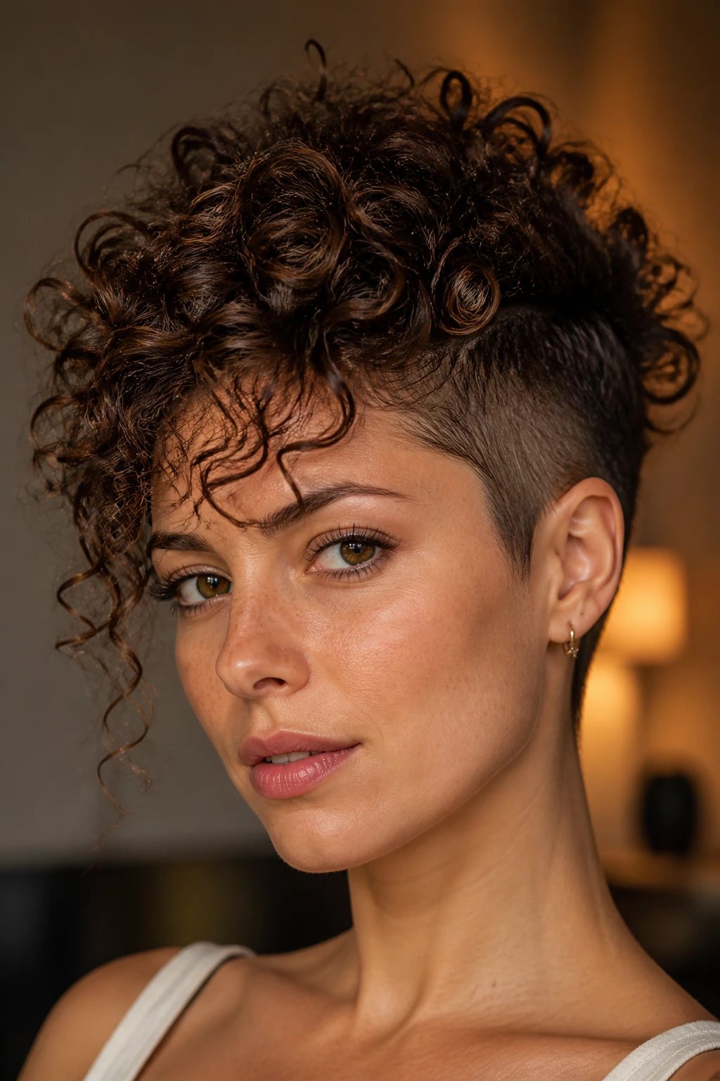 Portrait of a woman with a curly crown undercut and top curls