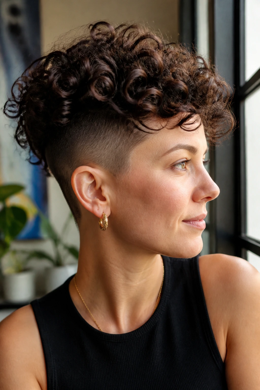 Portrait of a woman with curly crown undercut keeping volume on top